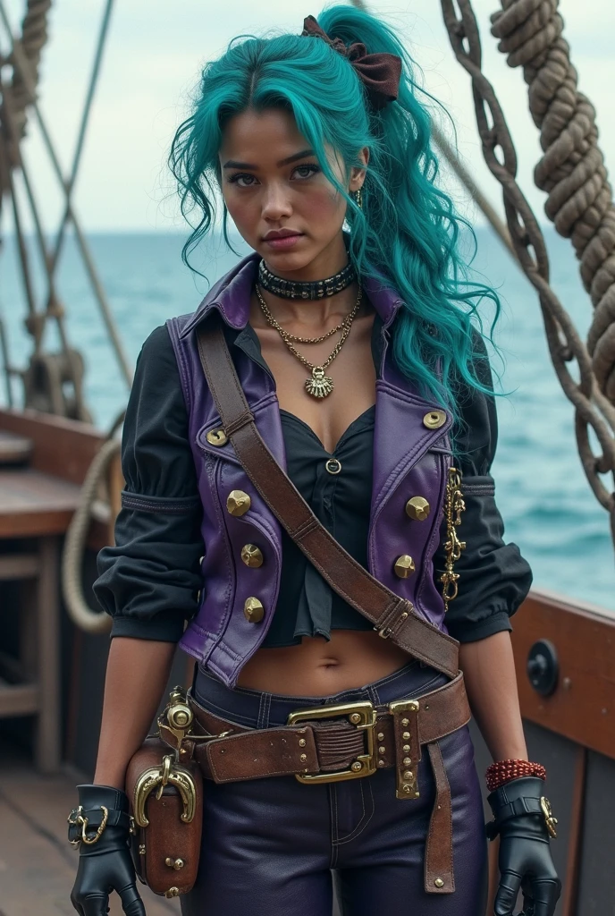 A female pirate with piercing blue eyes, long flowing hair, pink and purple hair, a long coat, sailing on a ship in dark waters, dramatic lighting, rich colors, digital art, highly detailed, cinematic, photorealistic