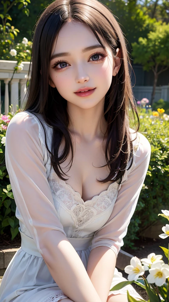 hair bang, cat ears headband, shining hair, skin pores, shining skin, ideal tits, camisole, sitting, in flower field, dusk, lovely, beautiful, chest shoot focus, desire
