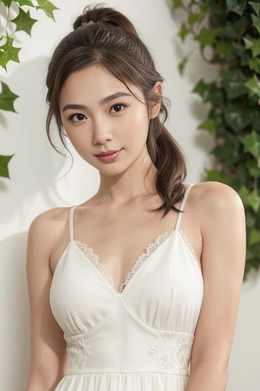 ((1 girl)), Very beautiful Japanese idol portraits, (RAW Photos, Highest quality), (Realistic, Realistic:1.4), (masterpiece), Very delicate and beautiful, Very detailed, 2k wallpaper, wonderful, finely, Very detailed CG Unity 8K 壁紙, Very detailed, High resolution, Soft Light, Beautiful detailed girl, Very detailed目と顔, Beautiful and detailed nose, finelyて美しい目, Cinema Lighting, (Simple light color background:1.3), (Long Hair), (Parted bangs), Complete Anatomy, Slender body, Small breasts, smile, ((Full body shot)), , (White chemise),(Panty lines),Sexy pose,Vibrant,((secretary)),Slender,(Long legs),(White long slip skirt),((race)),Thin silk-like,