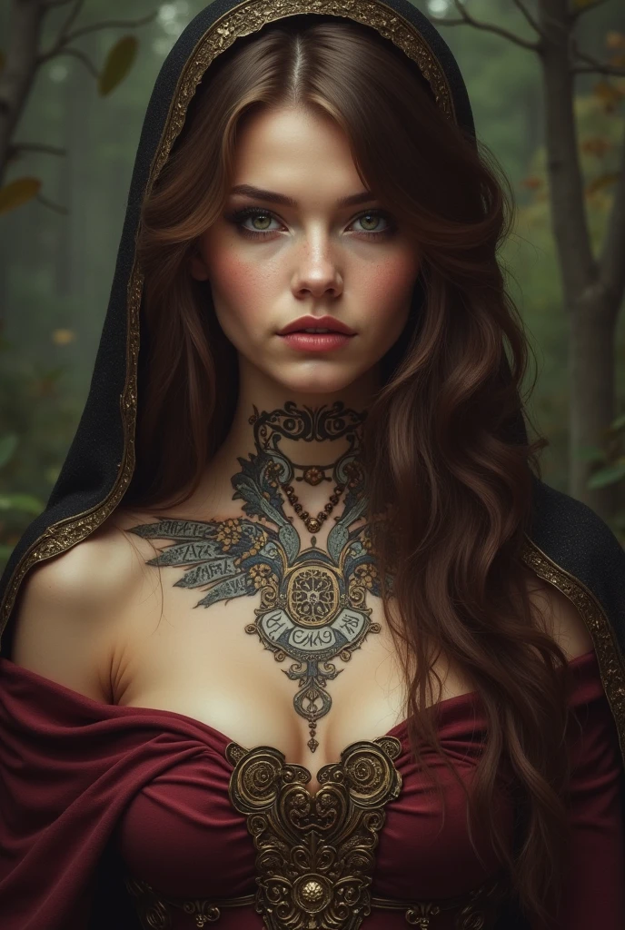 absurdres, foto RAW, mais alta qualidade, (obra-prima: 1.3), foto de cor RAW de alto detalhe, foto profissional, unidade de papel de parede CG 8k extremamente detalhada, foto-realista, realista, foto RAW, obra-prima, melhor qualidade, highres, illustration, 1girl, 16 ANOS, baixinha, tiny girl, magra, branca, ruiva, cabelo vermelho, cabelo ruivo com cachos, cabelo ondulado, curly hair, Average length, cabelo preso, pernas finas, rosto lindo perfeito com sardas, cardune lips, belos olhos realistas, olho direito verde, olho esquerdo azul, heterocromia, pale skin, textura de pele detalhada, seios planos, seios muito pequenos, bunda pequena. Rosas vermelhas tatuadas nos ombros, tattoos of pagan symbols on the forearms and hands. Corpo magro, esguio. Ruiva. Sorriso. Elegante. Estilo bruxa. Pagan style, Celtic, wiccan. Escocesa. She looks amazing. Corpo inteiro. (Jaqueta de couro marrom, metal sunglasses, gargantilha com pingente de pentagrama, Veil partially covering the hair, katana pendurada nas costas, design detalhado), casa abandonada, noite.