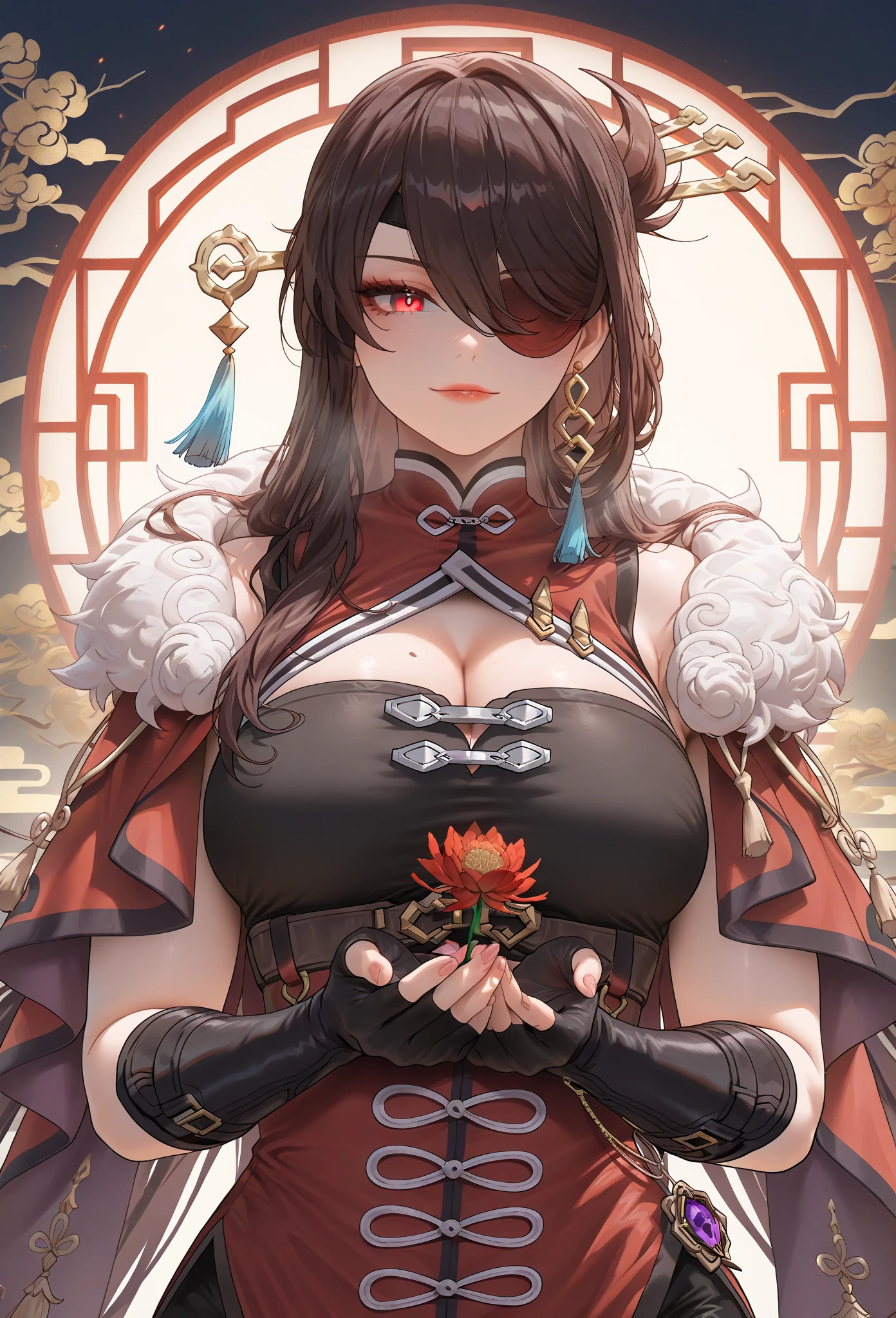 a female yakuza boss, ancient times, in acnient yakuza dress and yakuza tattoos, lush hair in bun hold up by a stick, on a battlefield. (anime art style.)