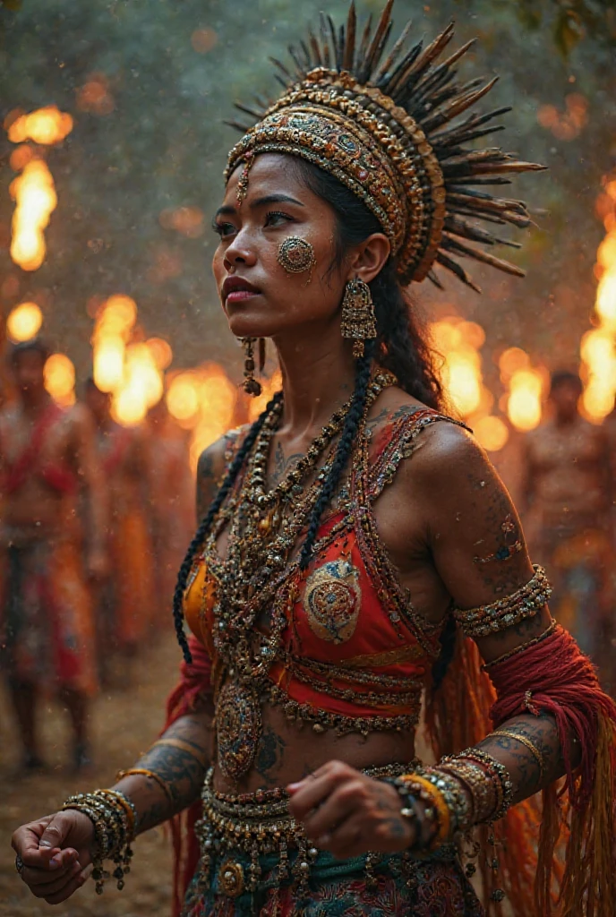 Beautiful Cherokee Indian woman with beautiful terracotta colored headdresses, blackw, doradas, cobre, Pearl, white and beige, feathers made of bright neon of various colors, flares on camera, bokeh, full moon night
