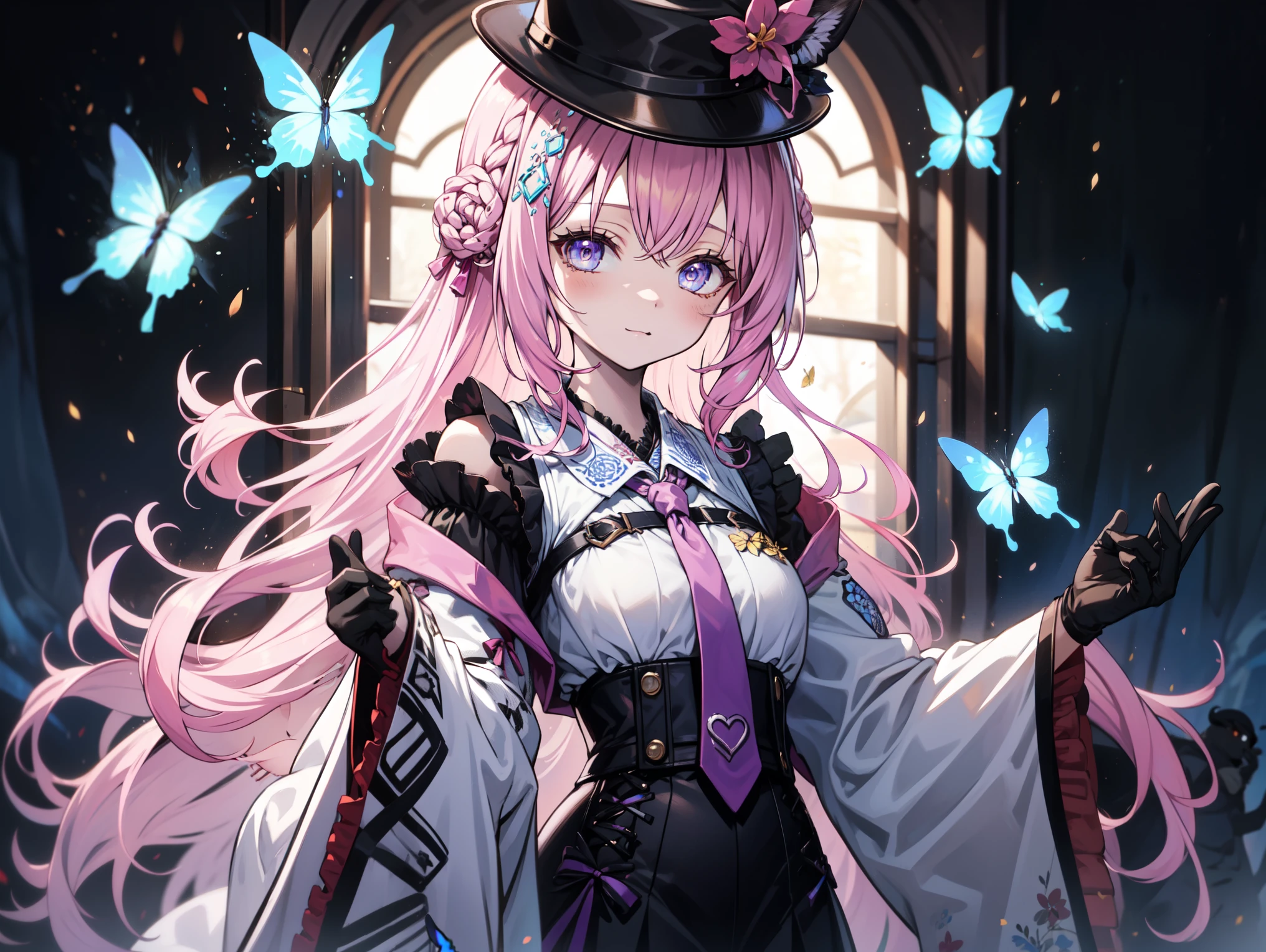 unique , pink hair , pale , Butterfly, purple eyes , Butterfly装饰 的女人, black gloves , Modern Outfits,shirt, ,Gel coat, bodysuit, Agent, 并有 black decoration , black decoration , Golden ribbon, is decorated with dark blue flowers and width , robe,Small hat , Original