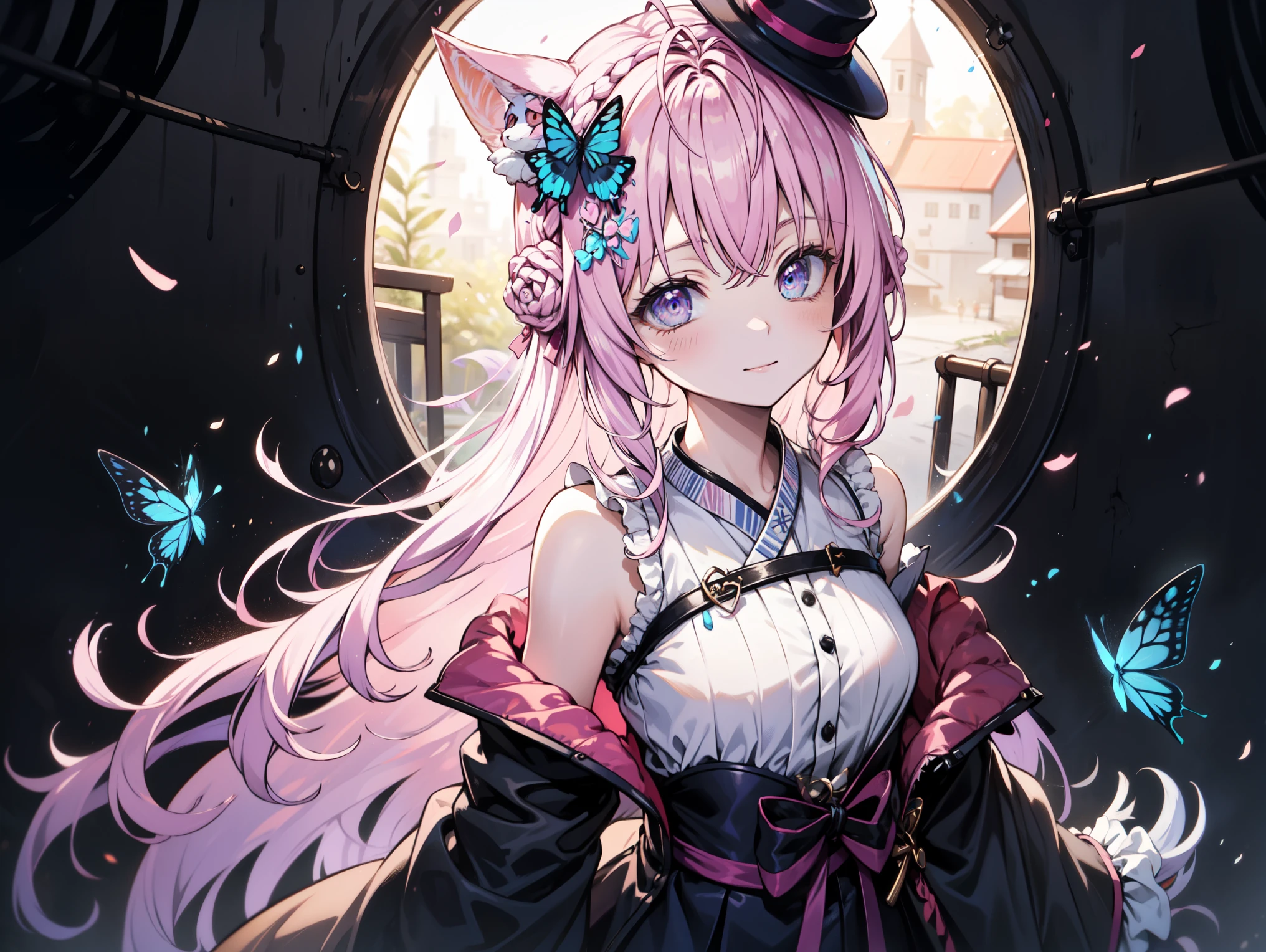      unique  ，    pink hair      ,    pale   ,    Butterfly,    purple eyes     ,    Butterfly装饰 的女人，  black gloves ，    Modern Outfits，shirt，  ，Gel coat， bodysuit， Agent， 并有  black decoration      ,      black decoration      , Golden ribbon,       is decorated with dark blue flowers and width    , robe，Small hat  ， Original