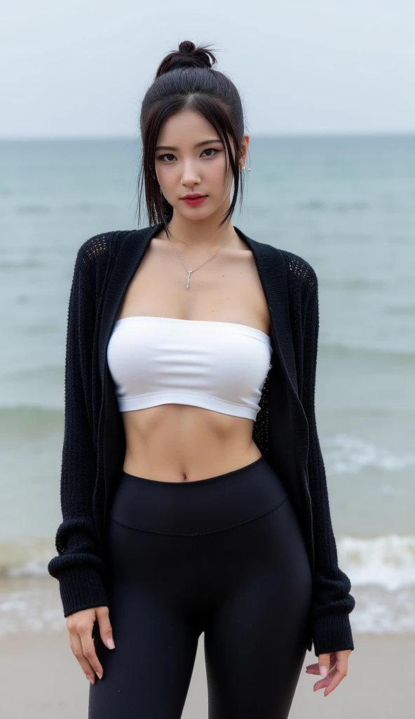 ((masterpiece)), ((best quality)), 1girl, solo, ultra high resolution, ultra high quality, RAW photo, extremely detailed, high quality, charm, asian girl face, beautiful, Mature woman, perfect body, sexy body, muscular, looks at the viewer, shiny skin, oiled skin, brown lip, big breast, huge breast, large breast, little smile, sexy smile, blue eyes, (red hair, long hair), (((sweater crop top turtleneck long sleeves and sweater miniskirt, black sweater crop top, black sweater mini skirt))), (((Thigh High Boots, Long Boot for women))), evening, outdoor, beach, seashore, ((View of the red sky, Beautiful view, beautiful landscape, realistic background, detail background)), ultra-high detail, 16K, ultra-high realistic, high resolution, the best resolution, high rendering realistic, detail hands, detail anatomy, detail face, detail body, high detail, detail arms, high detail fingers, the best proportions, detail nails, detail legs, detail intricated, (portrait), the best pictures, the best images, hdr, dslr, fix , fit, full color, detail pose, perfect pose, the best proportion pose, soft light, natural light, detailed light, realistic light, Professional, Amazing, the best visual, realistic visual, realistic, (photorealistic), slender, narrow waist, thighhighs, enhance, standing, full body, isla color, ((from front)), tifa