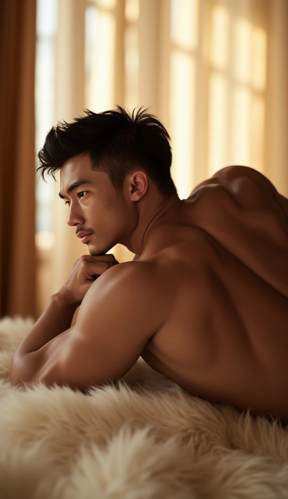 Muscular Korean man in underwear lying on all fours on bed