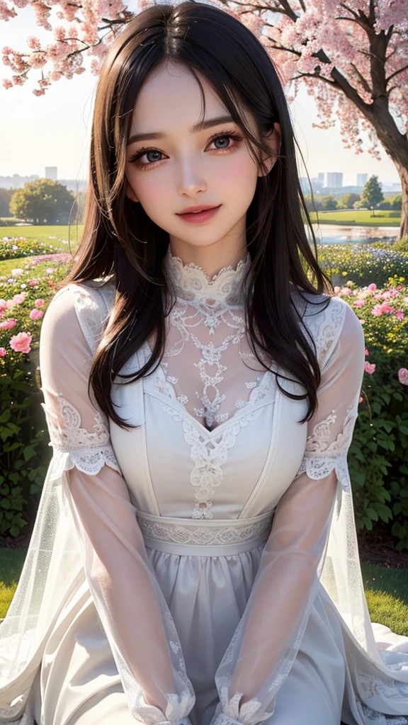 masterpiece、1 beautiful girl、A detailed eye、Puffy eyes、top-quality, 超A high resolution, (Realisticity: 1.4), OriginalPhotographs,cinematlic lighting、japanes、Asian Beauty、neat atmosphere、Super beauty、Beautiful skin、A slender、(A hyper-realistic)、(hight resolution)、(8K)、(ighly detailed)、(beautifully detailed eyes)、(ultra-detailliert)、(A detailed face)、looking at viewert、fine detailed、A detailed face、very smiling、Facing straight ahead、Neat and clean clothes、Black colored eyes、the body is facing forward、Vivid street trees、The costume is a white dress、Hair color is black、short-cut、