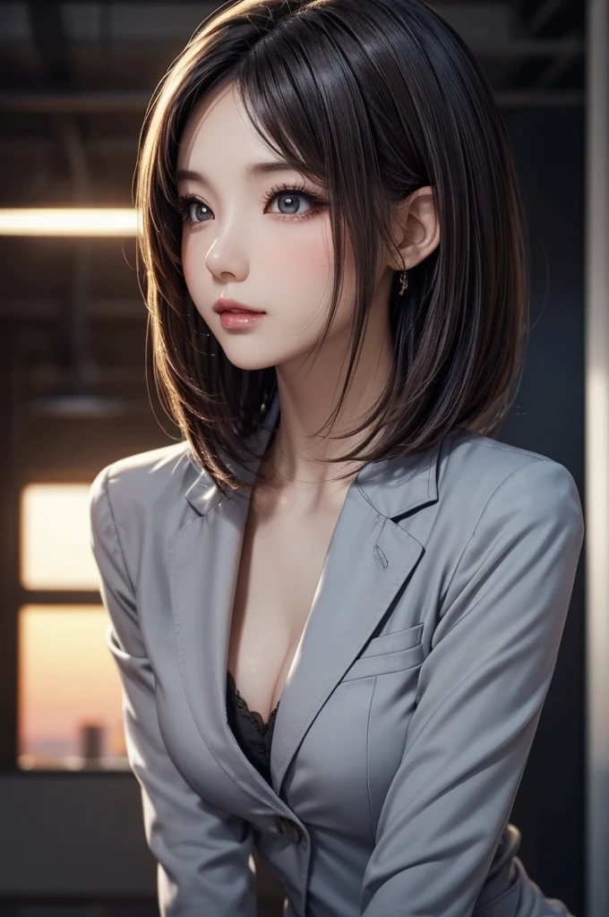 ((4k)),((masterpiece)),(best quality),((ultra detailed)), ((realistic)), (medium bob Hair),((cinematic lighting)), depth of field, (dynamic angle),((beautiful detailed eyes), ((dynamic pose)), pretty face, red lip, large boobs, ((detail face)), cleavage, ((office suit:)),