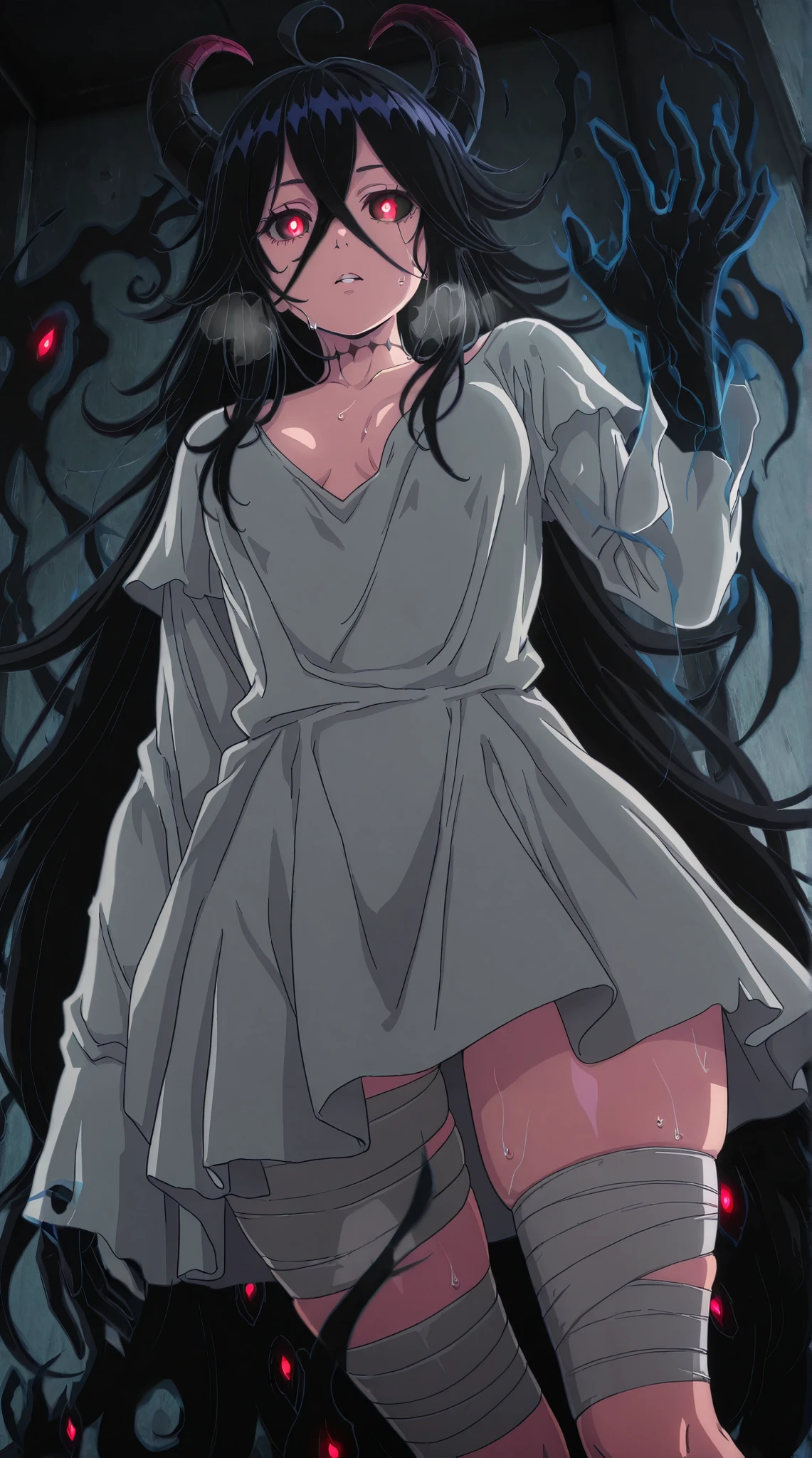 anime coloring, anime screencap, anime-style detailed background, vignetting, masterpiece, high quality, absurdres, best quality, very aesthetic, newest, dynamic composition, anatomical correct, HD, 4K, digital art, trending on ArtStation, perfect body, perfect eyes, perfect fingers, gasping, heavy breathing, excessive sweating, sweating, sweating profusely, gasping profusely, cinematic, ((skindentation)), ((curvy)), s3ntoinxx, ((black hair)), very long hair, hair between eyes, crossed bangs, black choker, red eyes, white pupils, ((small breasts)), bright pupils, ((flabby stomach)), plump, (aura), (black aura:1.2), 1girl, breasts, horns, glowing, dress, white_dress, solo, cleavage, bandages, bandaged_leg, glowing_eyes, looking_at_viewer, ahoge, parted_lips, glowing_eye, monster_girl, colored_sclera, black_sclera, black hands, shadow, shadow hands,