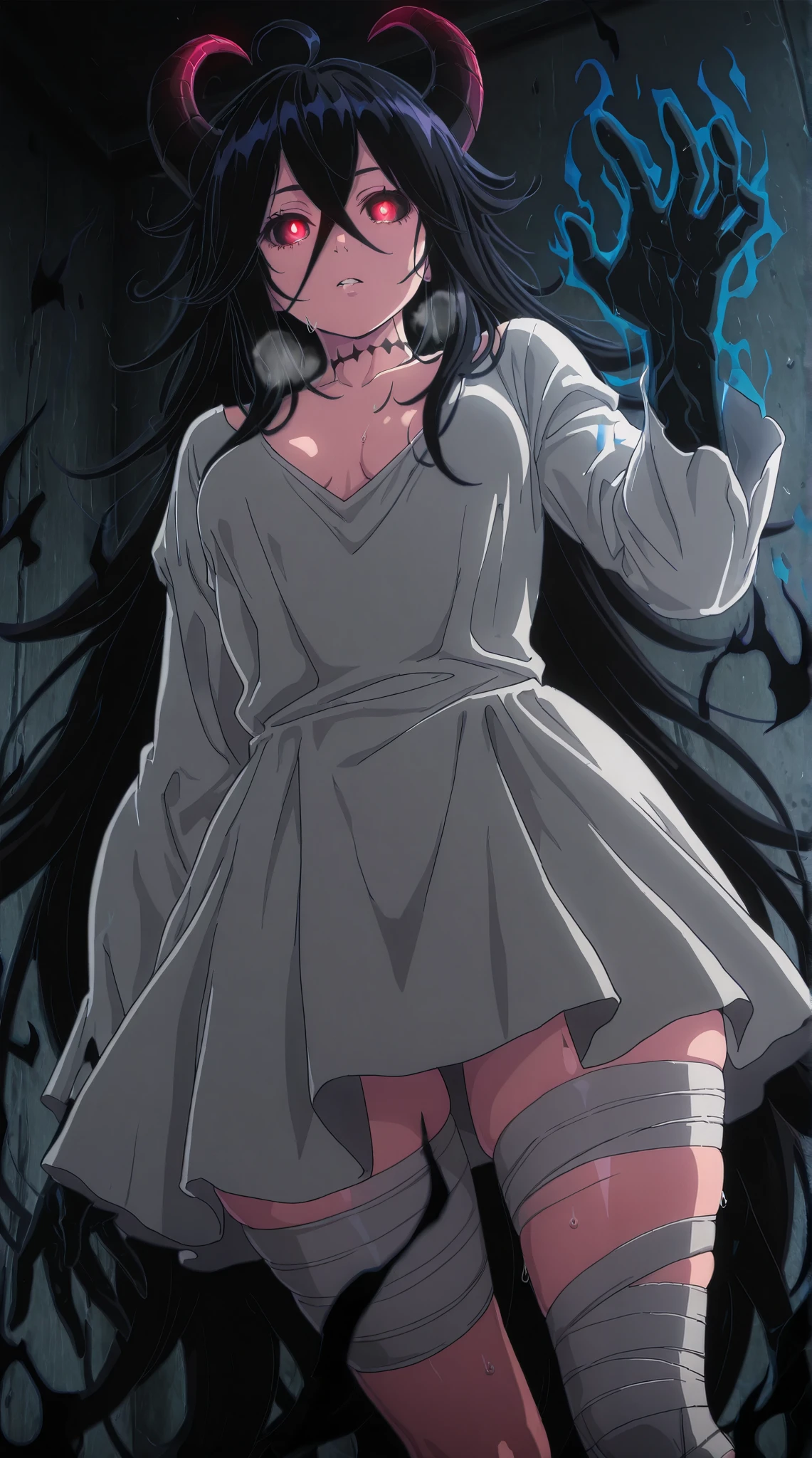 anime coloring, anime screencap, anime-style detailed background, vignetting, masterpiece, high quality, absurdres, best quality, very aesthetic, newest, dynamic composition, anatomical correct, HD, 4K, digital art, trending on ArtStation, perfect body, perfect eyes, perfect fingers, gasping, heavy breathing, excessive sweating, sweating, sweating profusely, gasping profusely, cinematic, ((skindentation)), ((curvy)), s3ntoinxx, ((black hair)), very long hair, hair between eyes, crossed bangs, black choker, red eyes, white pupils, ((small breasts)), bright pupils, ((flabby stomach)), plump, (aura), (black aura:1.2), 1girl, breasts, horns, glowing, dress, white_dress, solo, cleavage, bandages, bandaged_leg, glowing_eyes, looking_at_viewer, ahoge, parted_lips, glowing_eye, monster_girl, colored_sclera, black_sclera, black hands, shadow, shadow hands,