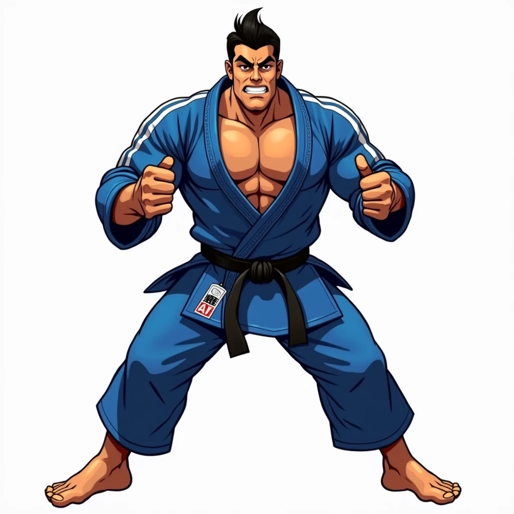 An image of a manga character in a blue kimono pointing at something., fighting game character, Japanese mascot fighter pose, Festival costume