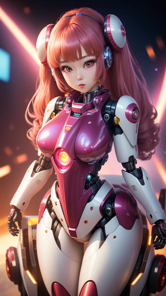 broken laboratory, head and full body, Extremely cute human eighteen year old girl face, human torso, human huge boobs, human abdomen, human hips, human arms, mechanical legs, legs with hard white shiny shell and black joints, very beautiful and feminine, short, petite, small, small, busty buttocks, medium bust, cleavage display, flat belly display, partial helmet with antenna on the ear, black robot joints, very stylish, award-winning product design, black rubber tights, The shiny pink metal breastplate opens at the cleavage and abdomen, the violet metal buttocks are wrinkled, and the armor has stylish, glowing trims