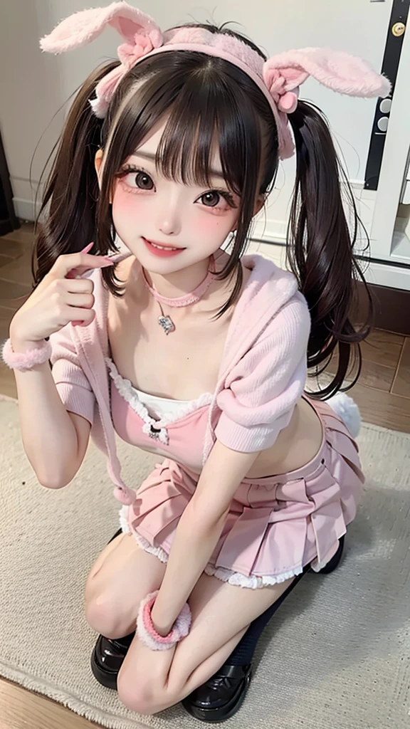 araffe girl in a pink sweater and a gray skirt holding a purple balloon, cute kawaii girl, very beautiful cute catgirl, belle delphine, girl with cat ears, cutecore, attractive cat girl, kemonomimi, fluffy chest, female furry mini cute style, trending at cgstation, fluffy body, with long floppy rabbit ears
