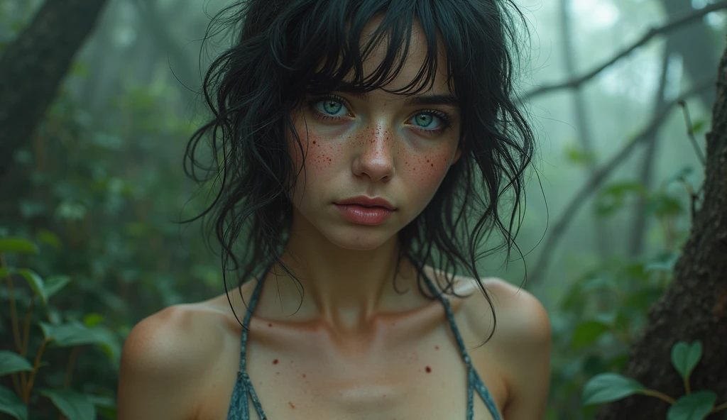 (Realystic:1.4), analog photo style, depths of field, (dark-haired Lightfoot Halfling with blue eyes, naked), (small leaves and insects got tangled in wet hair), wide waist, (her full body is a visual pleasure), view from above, extremely sexy, dark fantasy atmosphere, deep shadows with the some sun rays, a delicate balance between reality and fantastic, faded colours, great quality, Masterpiece, blurred gloomy background, naturally cinematic light, 16k quality, kodak porta 400, bokeh.