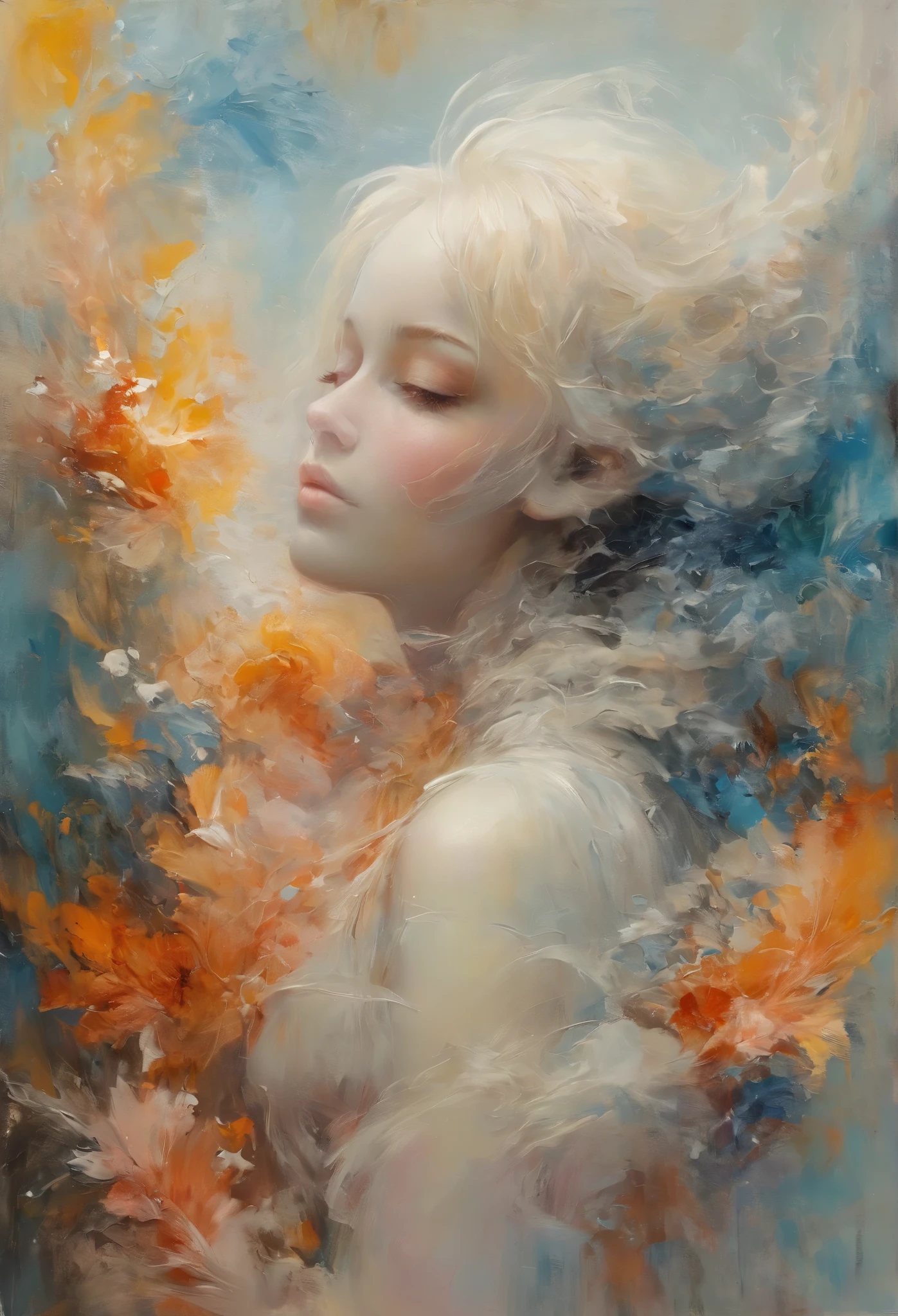 There is a picture.\(1girl\(artist\), impressionist painting \) of 1girl\(The hand protrudes from the canvas and draws on itself\),, ( the painted part has materialized :1.5),\)