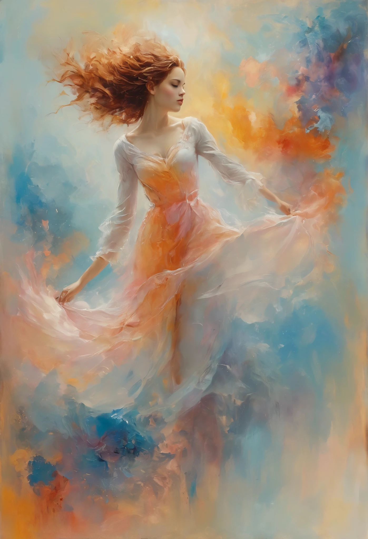There is a picture.\(1girl\(artist\), impressionist painting \) of 1girl\(The hand protrudes from the canvas and draws on itself\),, ( the painted part has materialized :1.5),\)