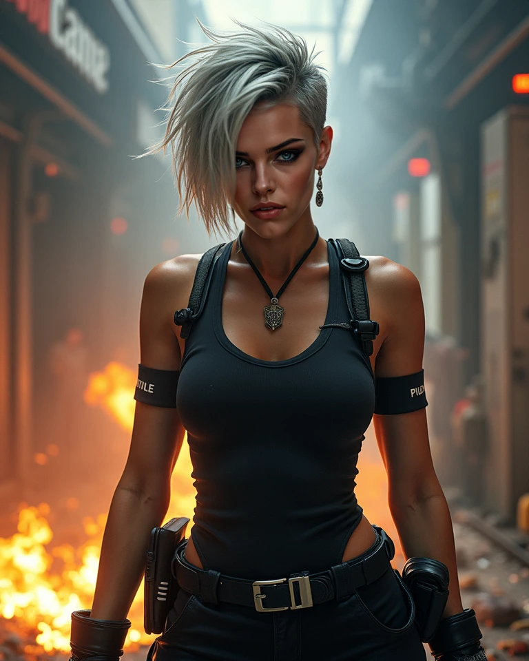 masterpiece, best quality, 1girl, short hair, colored tips, tomboy, narrowed eyes, thick eyebrows, post-apocalypse, tank top, tall female, thick arms, dirty, shiny skin, shoulder holster, fingerless gloves, holding machete,
<lora:add_detail:0.4>, realistic, 4k, photorealistic, <lora:skin_slider_v1:0.15>, <lora:contrast_slider_v10:1.5> <lora:backlight_slider_v10:-1> <lora:people_count_slider_v1:2>