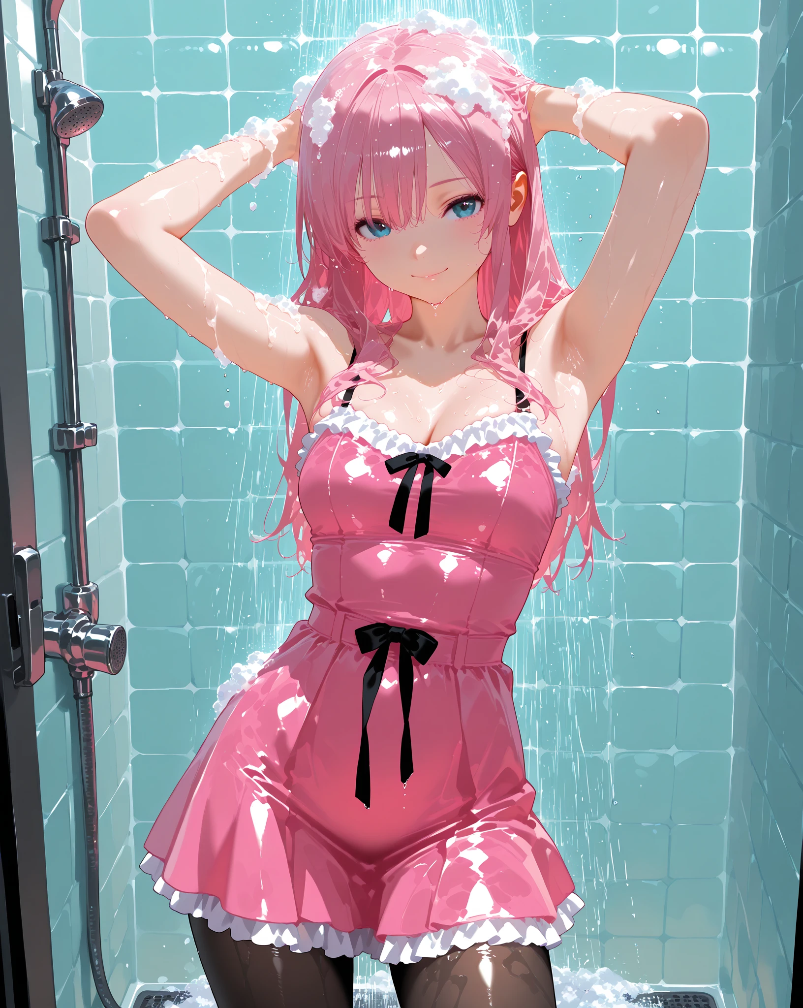 One Girl, Age 35, alone, ((Long light blue hair 1.4)), ((Sweaty 1.5)),((Shiny skin 1.4)),((Thighs)), Brown eyes, ((Pink miniskirt maid outfit 1.5)),((Knee-high socks 1.4)),whole body, bangs, Realistic,((Small Breasts 1.2)), 4K, Highest quality, Slender beauty, Extremely clear images, 8k, Beautiful pose, Photo session、((Cute pink maid outfit))、smile、Straight hair,((Bath Background))
