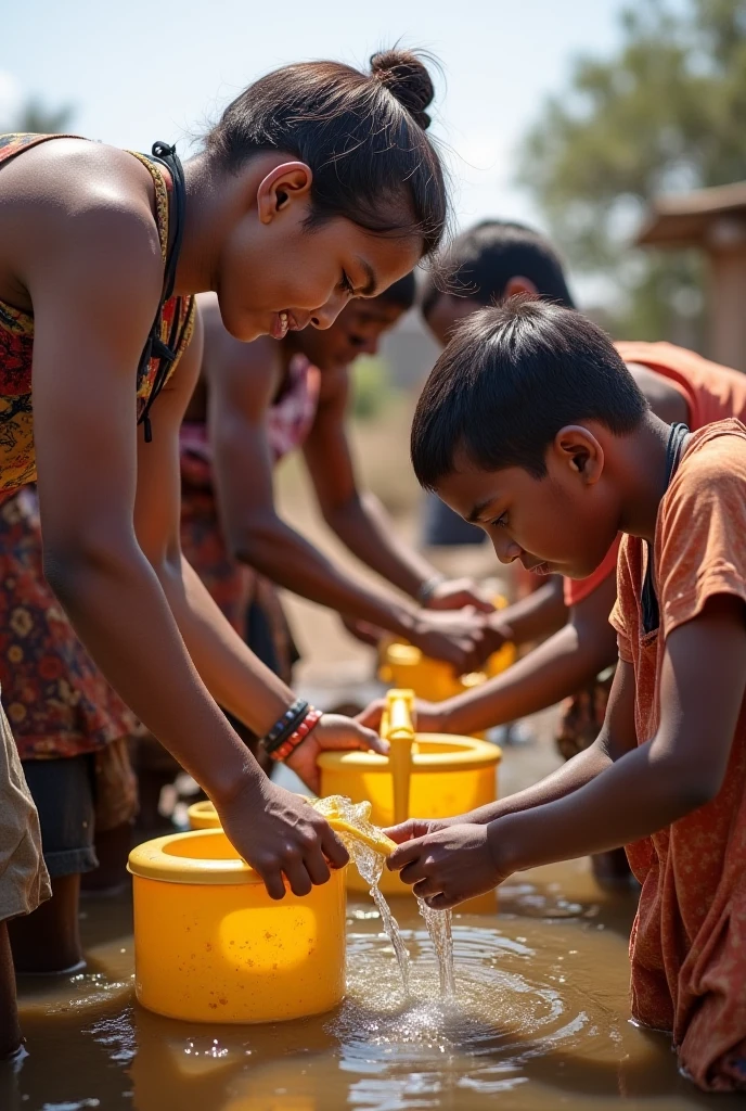 a malay young man with african children at waterwell