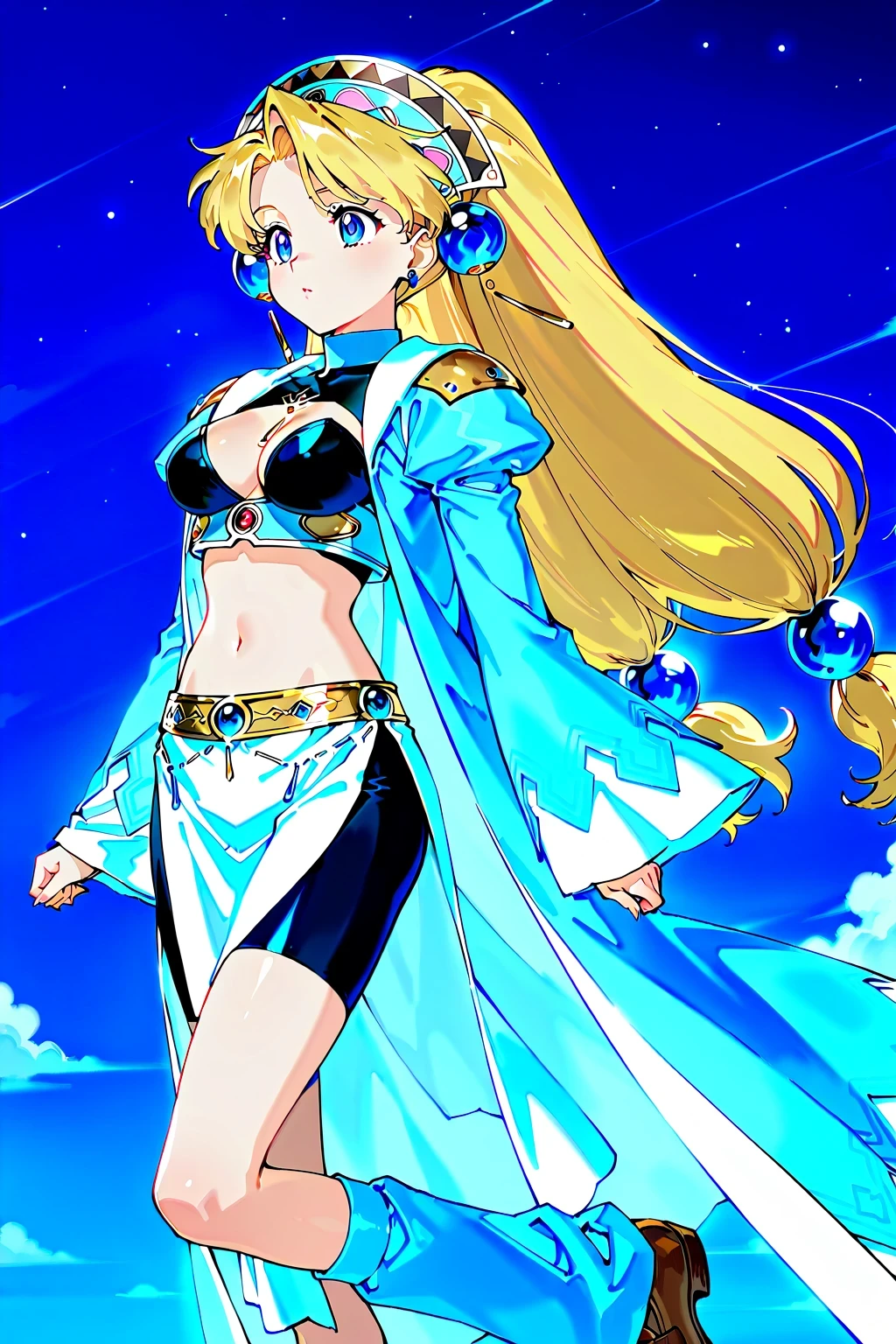 masterpiece,highest quality,Super detailed,32K,High resolution,an extremely delicate and beautiful,Official Art,Perfect Anatomy,(solo:1.5), Contrasting colors,octane rendering,Fully painted,anime coloring,anime screencap,Cel-shaded anime,retro artstyle,1990s \(style\),90s anime,90s anime style, perfect face,ultradeTailed eyes,beautiful,sexy,supermodel,athletic body,shiny skin,Dramatic light,(scale to fit the dimensions:1.2),
marlone, blonde hair, low-tied long hair, tri tails, asymmetrical bangs, tri tails, hair ornament, headdress, jewelry, blue eyes, earrings, long sleeves, wide sleeves, green coat, open coat, midriff, crop top, cleavage cutout, loincloth, bike shorts, leg warmers, brown footwear