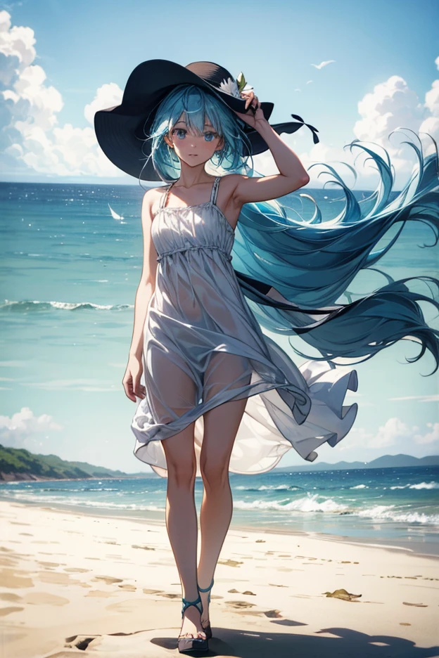 (8k, best quality, master piece: 1.2),super high resolution,1 girl, 独奏, ((colorshift eyes, hyperdetailed, expressive eyes)), ultra-detailed face, random hair, random color, Ecstatic expression, Back view, Girl walking on the beach at sunset。Having fun getting your feet wet at the beach。Marine style dress、Straw hat、Sandals with ribbon。