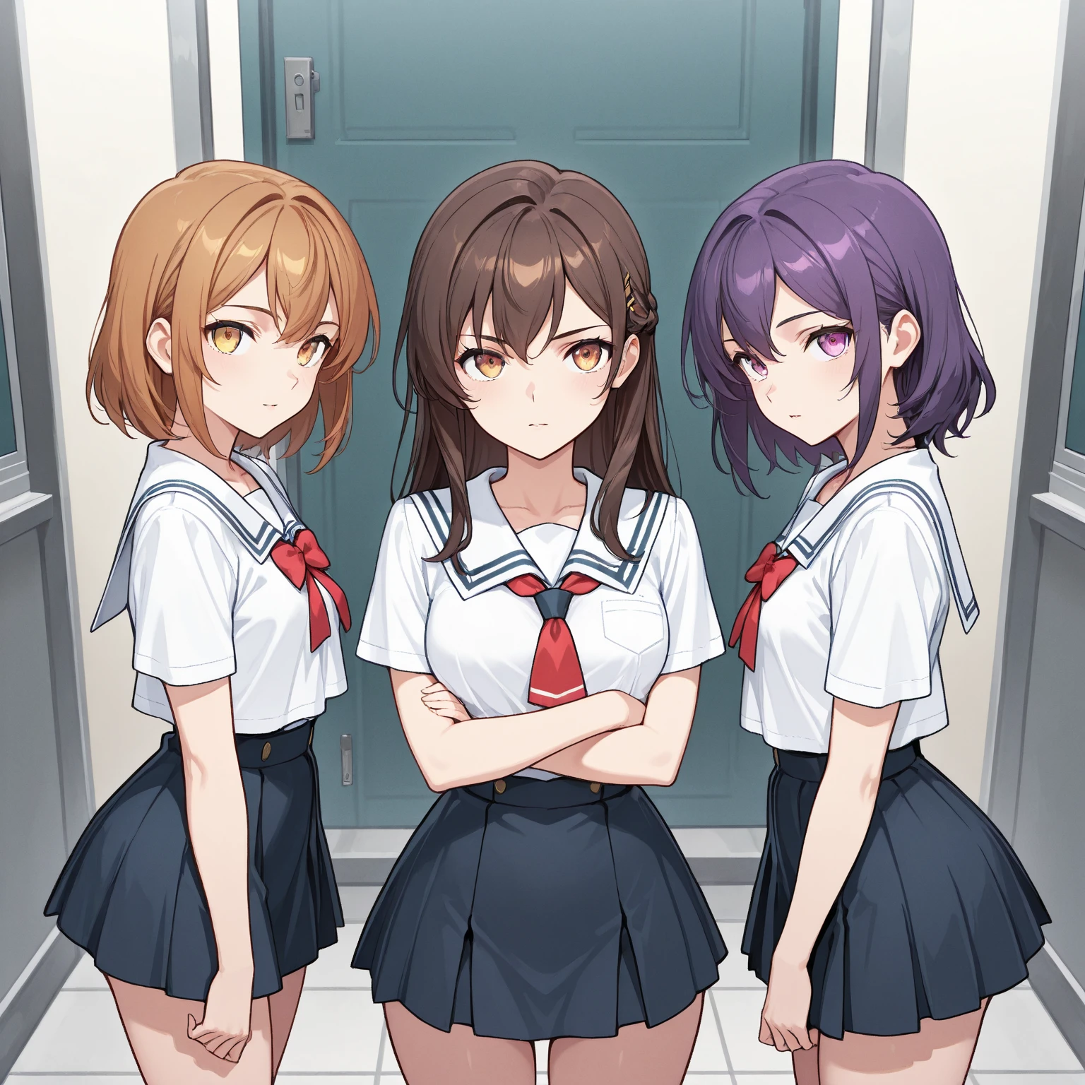 improvised gag, ((Four high school girls)), ((Cross-legged binding)), ((Imprisoned in a warehouse)), ((4 women)), (Highly detailed CG Unity 8k), (highest quality), (Very detailed), (Ultra-high resolution), gag,Sailor suit, rope bondage, breasts rope bondage, hands back rope bondage, leg rope bondage, thigh rope bondage, bust rope bondage, feet rope bondage, ((Hands behind the back)), ((Wrists tied behind back)), ((Ankle binding)), 白い布でgag, Navy Blue Skirt, The first one has long black hair, The second person has brown hair and a bob cut., The third person has medium-long red hair., The fourth person is a silver-haired ponytail., BDSM, ((head band)), Crying face, Four people huddle together, Looking down from above at an angle,