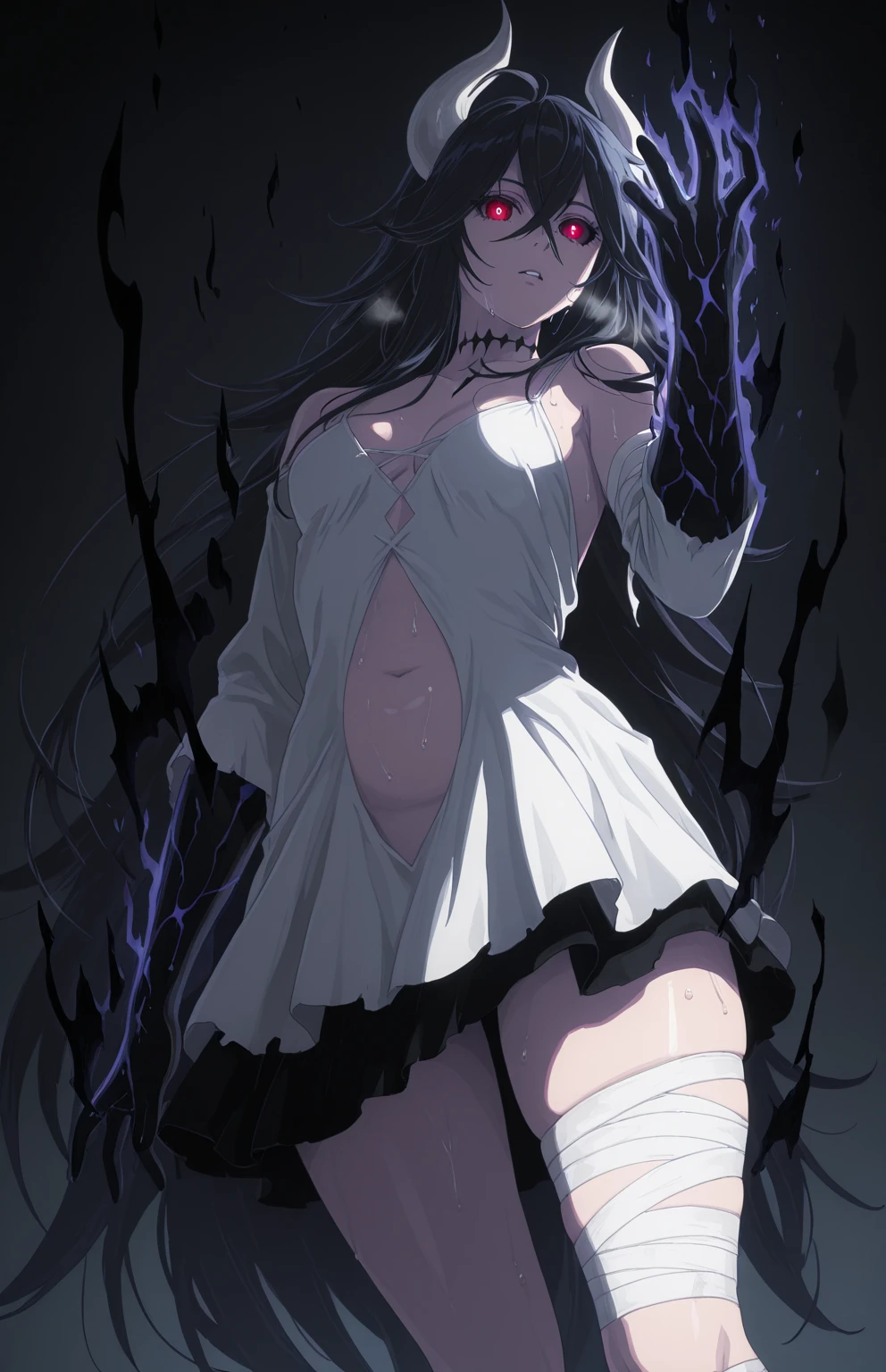 anime coloring, anime screencap, anime-style detailed background, vignetting, masterpiece, high quality, absurdres, best quality, very aesthetic, newest, dynamic composition, anatomical correct, HD, 4K, digital art, trending on ArtStation, perfect body, perfect eyes, perfect fingers, gasping, heavy breathing, excessive sweating, sweating, sweating profusely, gasping profusely, cinematic, ((skindentation)), ((curvy)), s3ntoinxx, ((black hair)), very long hair, hair between eyes, crossed bangs, black choker, red eyes, white pupils, ((small breasts)), bright pupils, ((flabby stomach)), plump, (aura), (black aura:1.2), 1girl, breasts, horns, glowing, dress, white_dress, solo, cleavage, bandages, bandaged_leg, glowing_eyes, looking_at_viewer, ahoge, parted_lips, glowing_eye, monster_girl, colored_sclera, black_sclera, black hands, shadow, shadow hands,