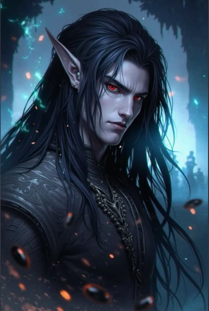 "Describe in detail a sinister-looking male elf with long black hair, piercing red eyes and a malevolent smile. This elf is known to be a master of manipulation and intrigue, often acting behind the scenes to achieve their dark goals in an RPG-inspired fantasy world."