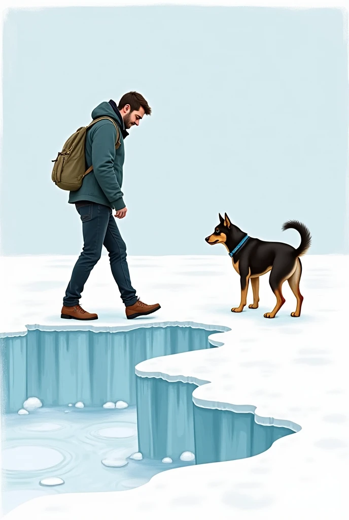 Action: He carefully steps over hidden ice traps that could break and soak him. The dog hesitates, sensing danger.
Drawing Idea: The man stepping cautiously, eyes scanning the snow, while the dog stands still, ears alert