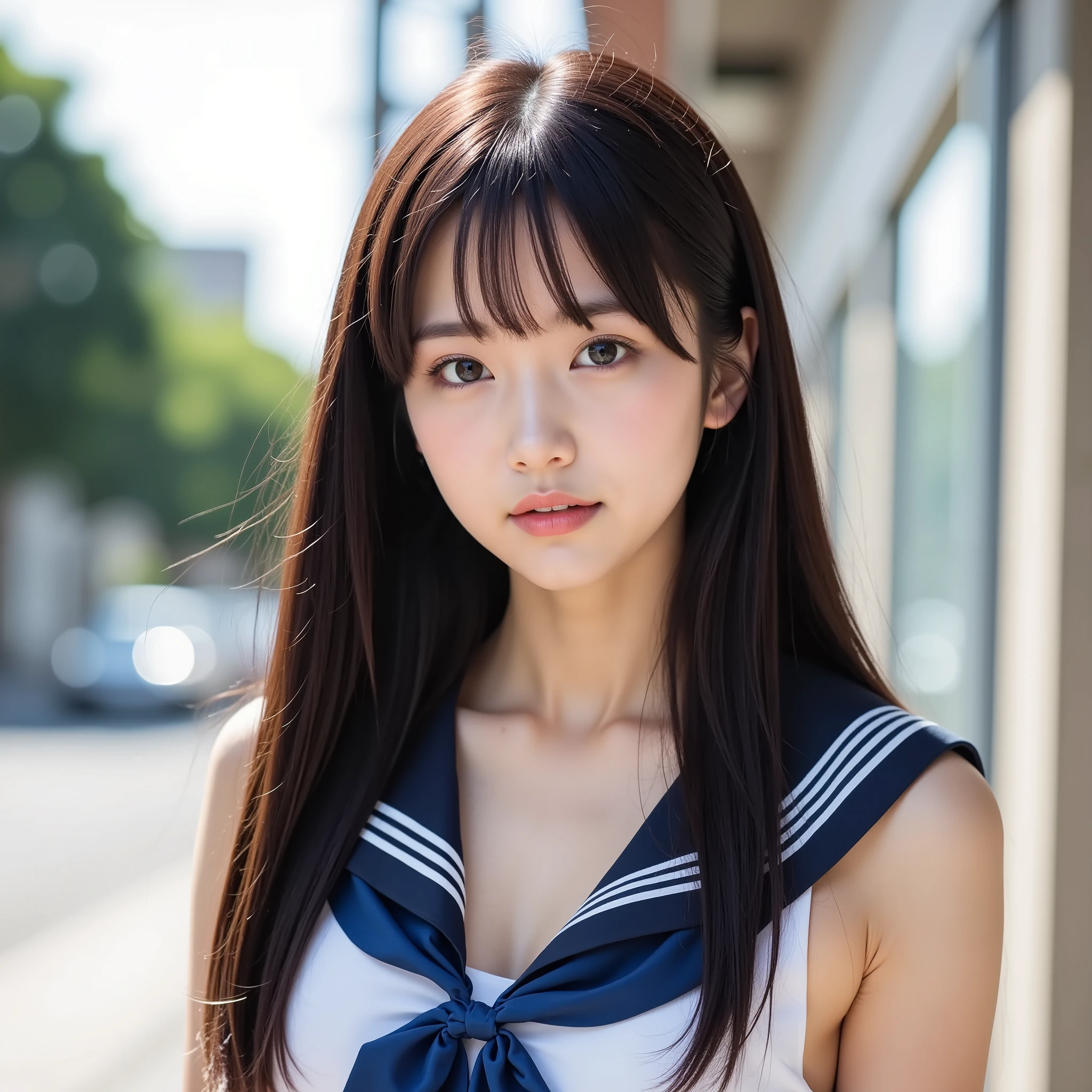  1 girl, full body,  movie lights,  Ultra Clear Focus ,   beautiful shiny hair ,   Glamorous Eyes  ,  straight long hair,   Big Breasts, F-Cup, above Eter regi ,  double eyelid,  pink lips , small nose,  focused face ,  Ultra High Resolution,  very well detailed,   schoolgirl uniform,  serafuku, sailor sleeveless,  sparkling skin on the front of the crotch,   realistic background  ,  external,  Taken during the bright daytime: 1.1, Yokohama, break,
チェックminiskirt、miniskirt, front view、staring at the camera,  (Masterpiece RAW Photos :1.30,  surreal:1.30),  movie lights, ((full body撮影:1.4)), (viewers:1.5), Woman in the center of the image, break, ( super detailed:1.7), ( super detailed, beautiful slim body :1.9), thin waist, (Completely-Wide:1.10)), (cute smiles:1.3), (Super detailed big eyes, double eyelids), break,