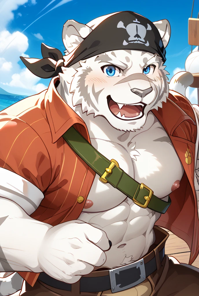 (Vision:1.5), solitary, anthropology, hairy, hairy male, snow leopard, ((Fluffy fur, Fluffy, hairy body)), (snow leopard print), (Thick eyebrows), youth, muscular, pectoralis major, White fur, Blue-gray pupils, Detailed teeth, defaced face, fundos, sailor, 蓝白条纹sailor服, White beret, On board, Sailing, sideways, Happy expression, blush, (Dynamic poses:1.5), Clear facial features, Strong, majestic, alone, panoramic, Fog atmosphere, early morning, Tyndall Light Effect, On deck, early morning的阳光, (By Empty Ghost, From snow leopard20, masterpiece, high quality, high resolution,8k)