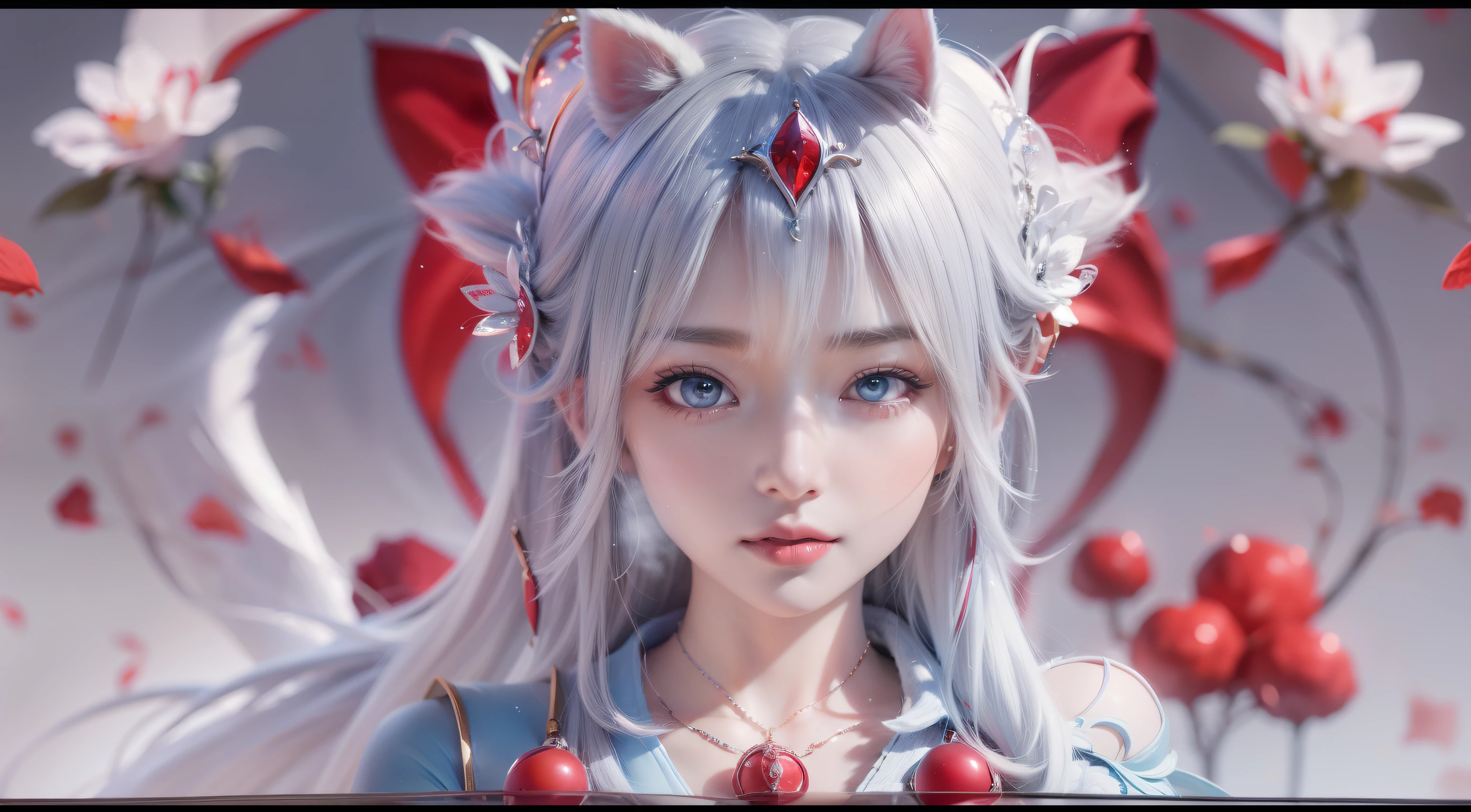 艺术背景artistic germ.  High Detailed Texture ，panoramic，1 girl，（The girl with cat ears ：1.2）Girl riding a white tiger:1.6，Blur red petals and graphic fusion， with only one character，plump woman，beautiful young woman with white conceptual dress with white high slit dress，cloak，hood， riding a white horse ，（Templar style），Red Cross tattoo，White princess hair，Sculpted body，perfect blue and beautiful eyes，watery big eyes，Eyes with reflective pupils，Moist lips，Glowing painting，ultra-sharp，realistic，32K，The AI model  | artistic germ, Extremely detailed artgerm , artistic germ. Anime illustrations, artistic germ.  High Detailed Texture , artstation pixiv上的artistic germ, Fanart Best Art Site, detailed digital anime art, smooth anime CG art, Deviantart ArtStation CGSCOSIETY,  8K high quality detailed art ，[maximum accuracy 4K rendering] ， theme setting : { portrait}, Image quality parameters:  8k resolution::2, super sampling rate x4::1.5, ZBrush level surface segmentation::1.2, eye system: [crystal spherical cornea] [multi-layer iris structure: radial collagen fiber texture+Fresnel highlight] [dynamic tear film reflection::1.3], Skin system: Subsurface dispersion(sss)Intensity 0 .7::, Curtis layer simulation(  frog belly  .02mm)::, sebaceous gland distribution density 120/cm²  ::,  optical configuration :  ring softbox (5600K  +3200K double color temperature)::2, Tyndall effect volume light::1.5, Fresnel edge light attenuation::, Enhanced Parameters : normal mapping intensity+40%::, specular sharpness 0.92::, anisotropic 16x::, art style: Hyperrealistic CGI::2, visualization level accuracy::1.5, Zeiss Otus lens simulates::1.2