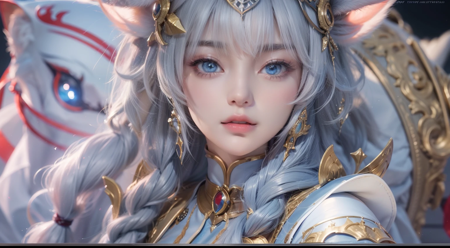 艺术背景Artistic Germ.  High Detailed Texture ，panoramic，1 Girl，（The girl with cat ears ：1.2）Girl riding a white tiger:1.6，Blur red petals and graphic fusion， with only one character，plump woman，beautiful young woman with white conceptual dress with white high slit dress，cloak，hood， riding a white horse ，（Templar style），Red Cross tattoo，White princess hair，Sculpted body，perfect blue and beautiful eyes，watery big eyes，Eyes with reflective pupils，Moist lips，Glowing painting，ultra-sharp，realistic，32K，ig Model  | Artistic Germ, Extremely detailed artgerm , Artistic Germ. Anime illustrations, Artistic Germ.  High Detailed Texture , artstation pixiv上的Artistic Germ, Fanart Best Art Site, detailed digital anime art, smooth anime CG art, Deviantart ArtStation CGSCOSIETY,  8K high quality detailed art ，[maximum accuracy 4K rendering] ， theme setting : { portrait}, Image quality parameters:  8k resolution::2, super sampling rate x4::1.5, ZBrush level surface segmentation::1.2, eye system: [crystal spherical cornea] [multi-layer iris structure: radial collagen fiber texture+Fresnel highlight] [dynamic tear film reflection::1.3], Skin system: Subsurface dispersion(sss)Intensity 0 .7::, Curtis layer simulation( cm³

3 .02mm)::, sebaceous gland distribution density 120/cm² ::,  optical configuration :  ring softbox (5600K +3200K double color temperature)::2, Tyndall effect volume light::1.5, Fresnel edge light attenuation::, Enhanced Parameters : normal mapping intensity+40%::, specular sharpness 0.92::, anisotropic 16x::, art style: hyperrealistic CGI::2, visualization level accuracy::1.5, Zeiss Otus lens simulates::1.2