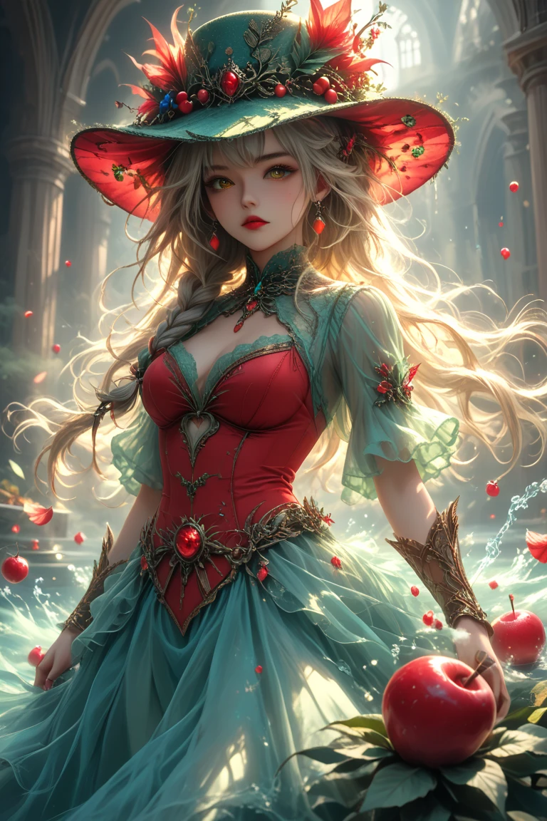 best quality,masterpiece,Ultra-high resolution,truthfully:4：0,Fairyland,Dark clouds, tornado,Iron Fan Princess,Long flowing hair,Handsome and cool face,Mi Yue&#39;s eyes,Large Breasts,thin waist,Charming and slender,Dressed in eye-catching red and black clothing,Holding a banana fan