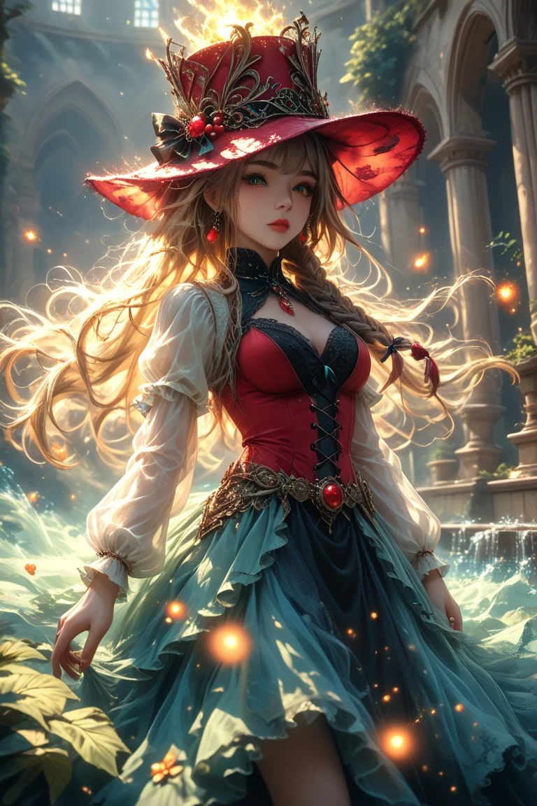 The sunflower witch, a crazy woman with a sunflower dress, red hair, magic ambience, amazing fantasy idea, surround by plants and sunflowers, Magic particles, sunflower petals, landscape, HD wallpaper, solo