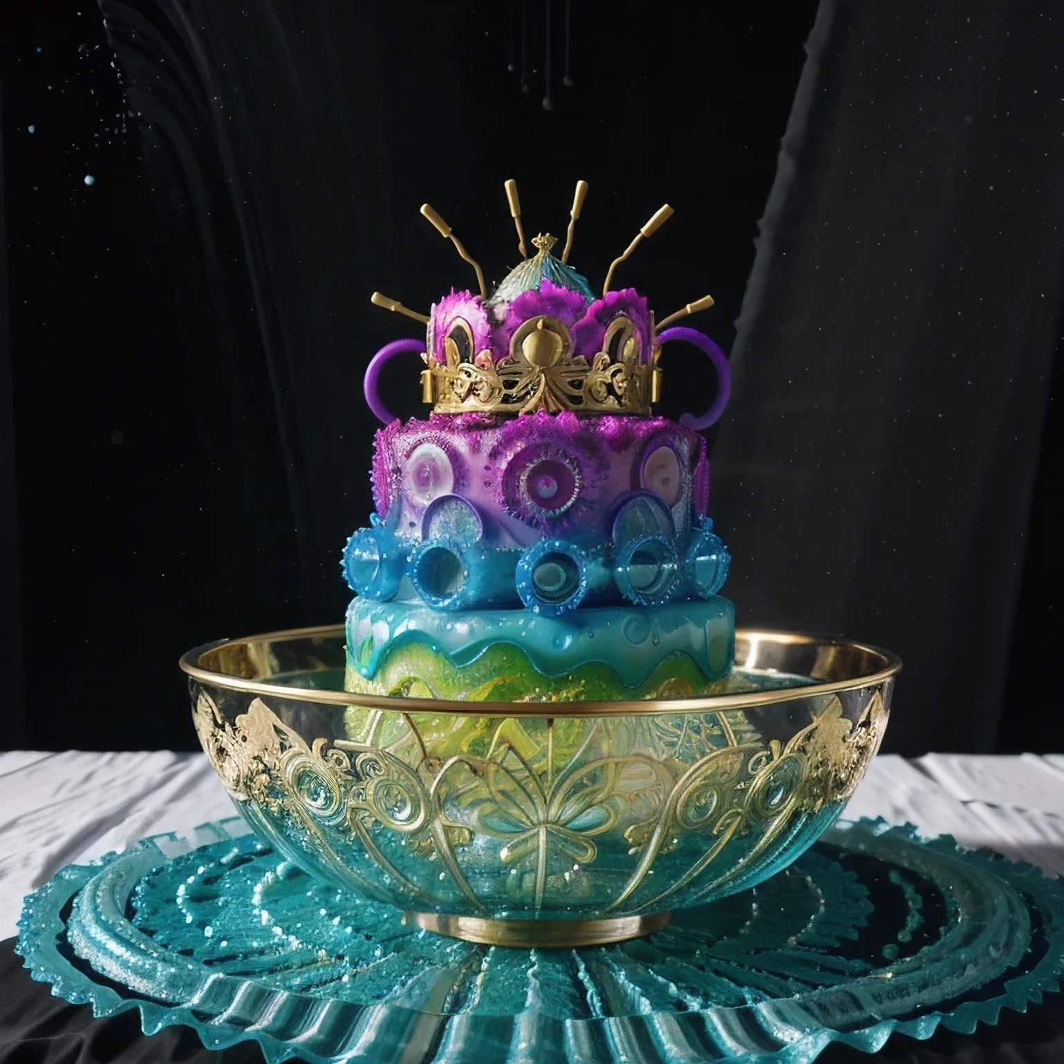 Seabed ice sheet background,detailed armor, ornate headdress, samurai helmet(((Dynamic rotating concentric circles)))(Dynamic rotation of concentric circles)Mandala is the result of the long journey of creating concentric circles of liquid color, there is a glass bowl with a green and purple swirl inside, simulacrum of a space fungus, alien flower, distant nebula are glowing algae, inspired by Otto Piene, inspired by Earnst Haeckel, top down extraterrestial view, covered with ferrofluid. dslr, translucent algae ornate, the eye of the universe, anatomical fractal,which interact through transparency, refraction, reflection, and collision. The ultimate goal is to showcase unique, detailed, and aesthetically pleasing images that capture the audience's attention through their initial visual impact and stunning details in liquid interactions,there is a cake with a red and yellow center on a blue plate, inspired by Otto Piene, victor antonov, culinary art photography, inspired by Graham Sutherland, colorful ferrofluid armor, inspired by Anish Kapoor, alexandra fomina, david kassan, by Jan Rustem, rudolf is hired, sergey krasovskiy, kai vermehr