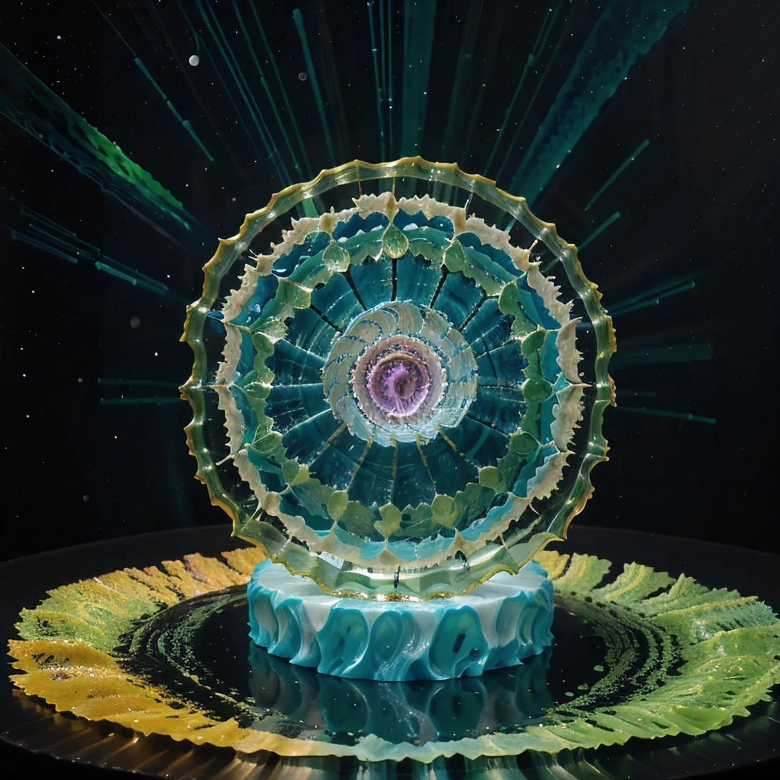 Seabed ice sheet background,detailed armor, ornate headdress, samurai helmet(((Dynamic rotating concentric circles)))(Dynamic rotation of concentric circles)Mandala is the result of the long journey of creating concentric circles of liquid color, there is a glass bowl with a green and purple swirl inside, simulacrum of a space fungus, alien flower, distant nebula are glowing algae, inspired by Otto Piene, inspired by Earnst Haeckel, top down extraterrestial view, covered with ferrofluid. dslr, translucent algae ornate, the eye of the universe, anatomical fractal,which interact through transparency, refraction, reflection, and collision. The ultimate goal is to showcase unique, detailed, and aesthetically pleasing images that capture the audience's attention through their initial visual impact and stunning details in liquid interactions,there is a cake with a red and yellow center on a blue plate, inspired by Otto Piene, victor antonov, culinary art photography, inspired by Graham Sutherland, colorful ferrofluid armor, inspired by Anish Kapoor, alexandra fomina, david kassan, by Jan Rustem, rudolf is hired, sergey krasovskiy, kai vermehr