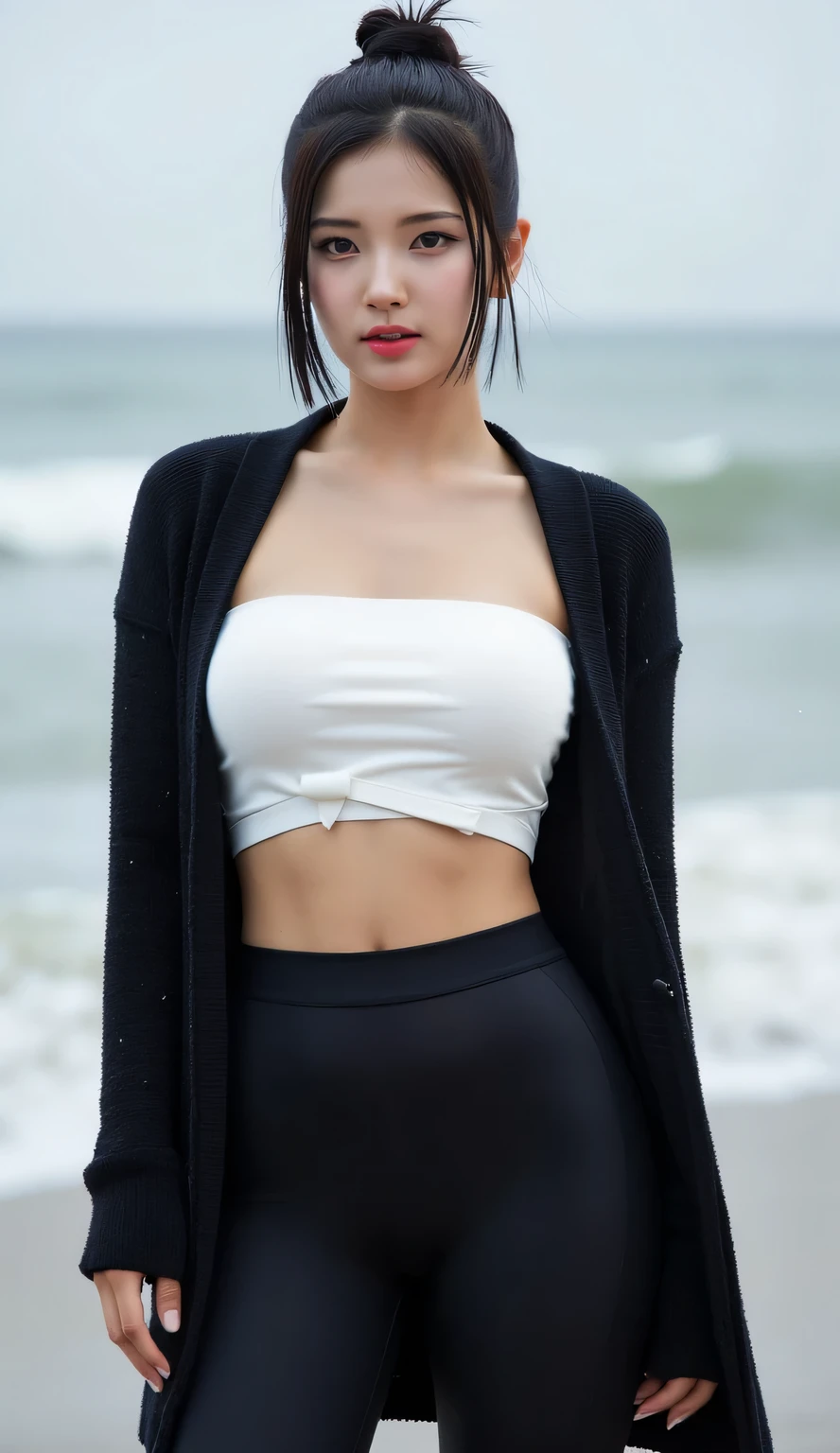 an office lady, was at the beach in the rain, facing the camera, use black knit jacket with white strapless bikini, wears long leggings in black, big boobs, red lips, Hair tied , Annoyed face , slim waist, all over wet body,