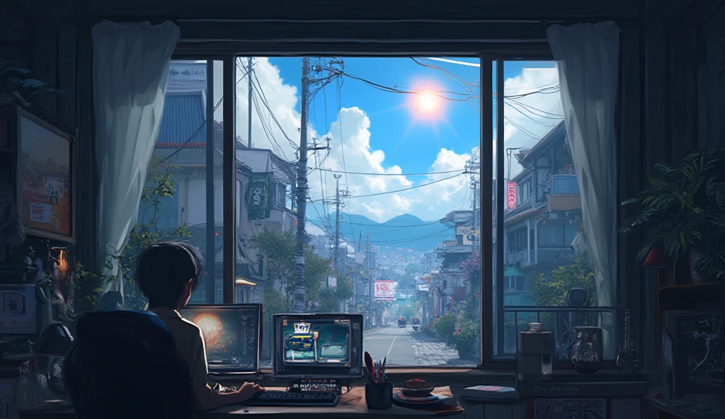 Create a Japanese anime-style image in banner format for a YouTube channel: a gamer room overlooking a street in the interior of Japan on a cloudy day with sun and outside is written on a sign "UnhaDeMamute Gameplays"