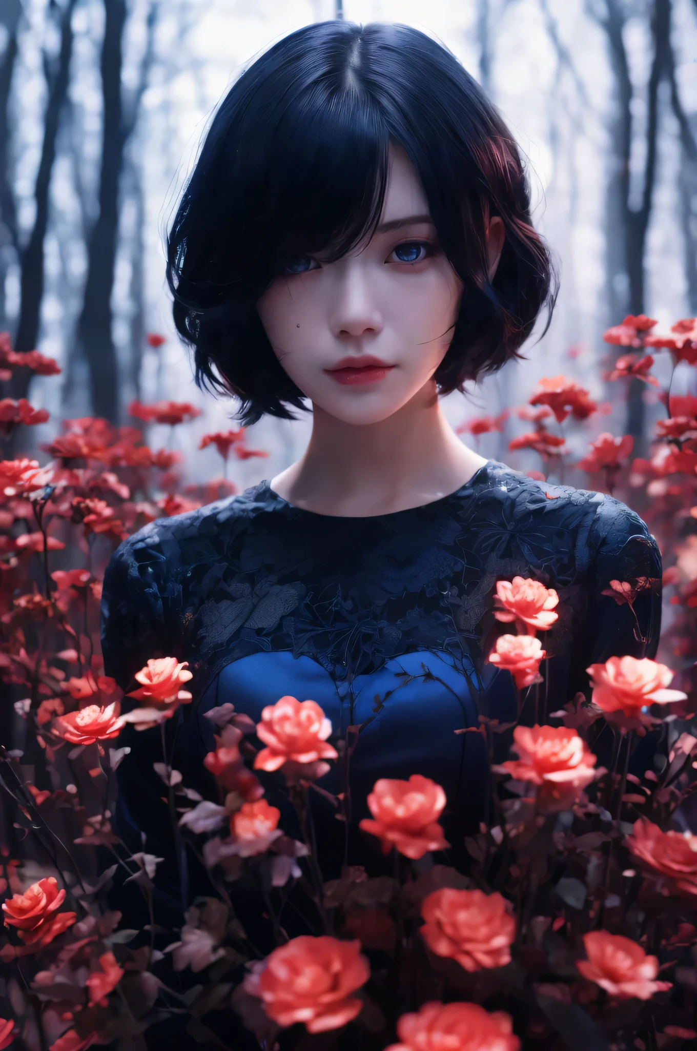 Kirishima Touka , Tokyo ghoul > "Hyper-realistic gothic girl, short dark blue hair covering one eye, deep blue eye, perfect skin , wearing a detailed red and black corset dress with lace and ribbon details, dark fantasy atmosphere, cinematic lighting, ultra HD, intricate details, volumetric lighting, 4K render.",cinematic lighting, soft shadows, volumetric light , perfect smooth skin, delicate facial features, anime-style eyes, slight soft glow
Kirishima Touka from Tokyo hairstyle