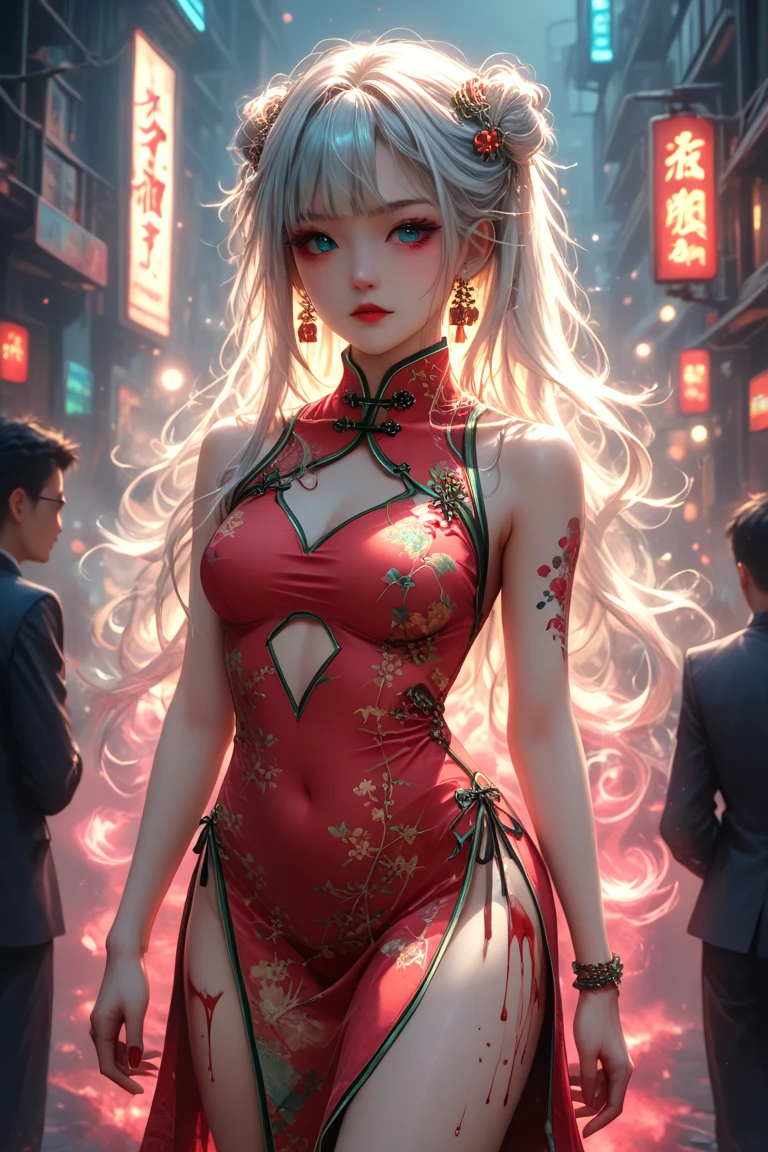 (masutepiece, Best Quality), ultra-detailliert, Photorealsitic, Beautiful woman with blonde ponytail, ((Detailed red lace bodysuit)), Red garter belt, a necklace, A bracelet, anklets, ((lace decoration)), high-heels, Wavy Hair, Perfect face, Beautiful face, enticing, big gorgeous eyes, I have my mouth wide open, red-lips, makeup, heavy eye makeup, seducting smile, Voluptuous body, seducting smile, Glamorous body, Big ass, a wet body, (plein air), suggestive pose, Rainy cityscape, Wet with rain, Bright colors, Facing the body forward