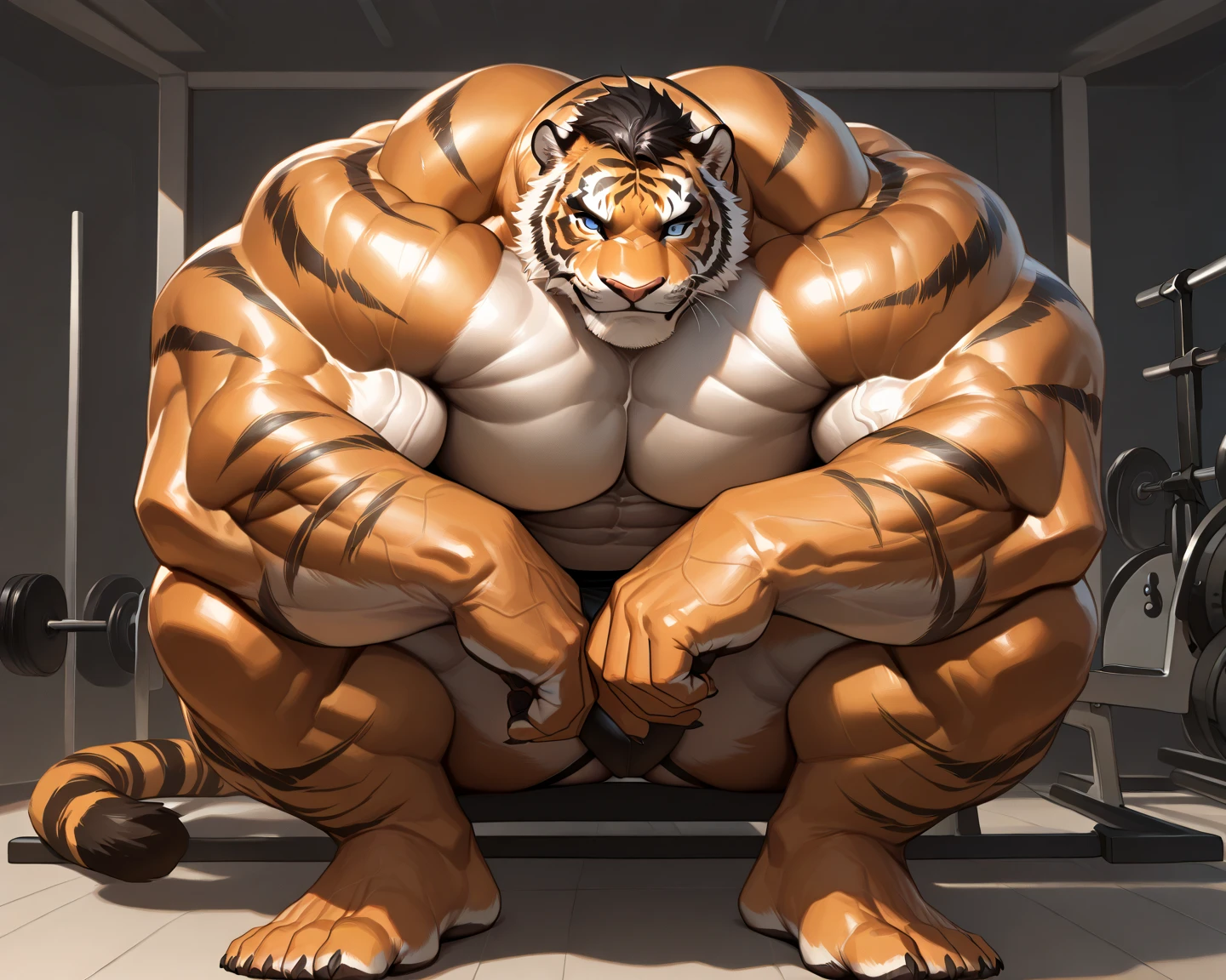 Slave Tiger Gigachad Chubby, NSFW, BDSM, Horney, Exhibitionist, Big penis, Laying eggs form his wide open asshole, Dipping cum form his asshole, He is embarrassed because he is being surrounded by others taking photos with their smartphones while he is Laying eggs.