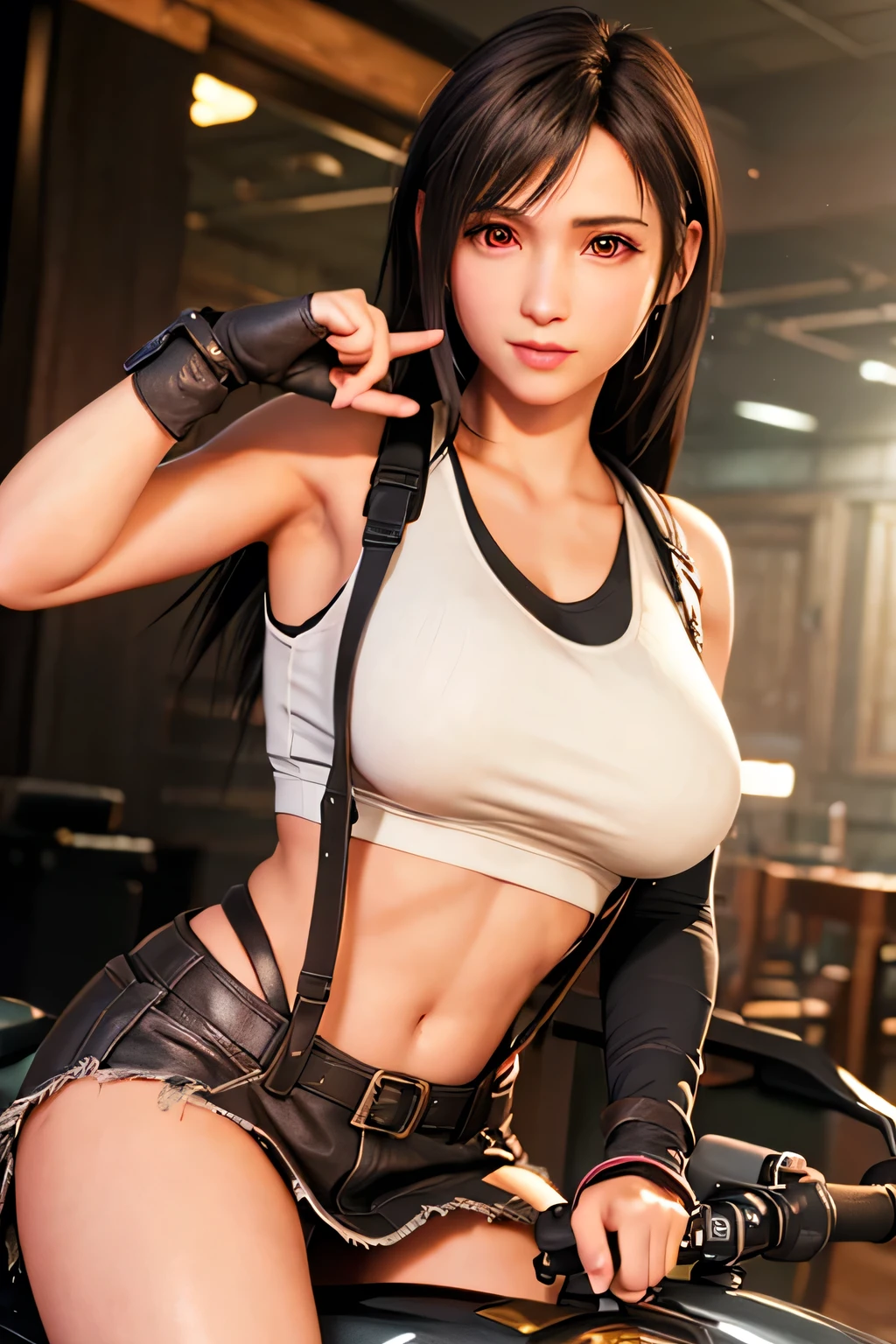 (Highest quality, 4K, masterpiece: 1.1), (Realistic: 1.3), break (((FF7,Tifa_Lockhart))),(Arms tied:1.3), (Tied legs:1.3),( realm, Bondage:1.3),(shibari :1.5),(chain:1.3),(Dark Room, A nearly unlit torture chamber:1.3),(Spread your legs:1.3),(Leg spread:1.3), fear, clavicle, between legs,chain, Strap Off), break (((FF7,Tifa_Lockhart))),(Light brown hair, Large Breasts: 1.2),tears, (wearing a Tifa_Lockhart uniform:1.3, suspenders, Low rise, mini skirt, Tank top),Dressed, break (((FF7,Tifa_Lockhart))), break (No bra) (No pants) (Small beautiful hard nipples), Dressed, Wet Hair, Around 18 years old,Sensual, break ((stringy viscous liquid)),Severe pain:1.3 ,Violent cry:1.3,Painful facial expressions:1.3,(throw:1.3),((Lower Body