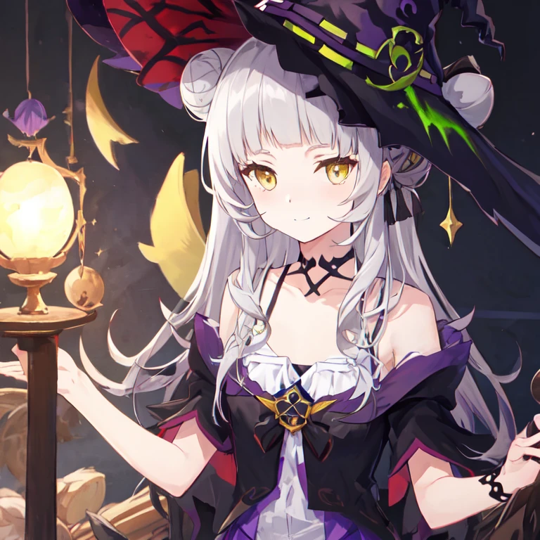((Masterpiece, best quality, high quality, very detailed CG uniform 8k wallpaper, very detailed, very detailed background)), detailed eyes, shiny hair, shiny skin, bright skin, ((1girl)), ((Witch, witch hat, sleeveless dress)), fantasy, night, castle background,