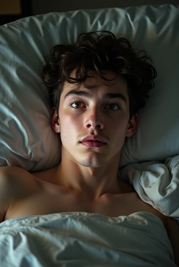 Beautiful boy with cool fluffy hair taking a picture of his self lying in bed