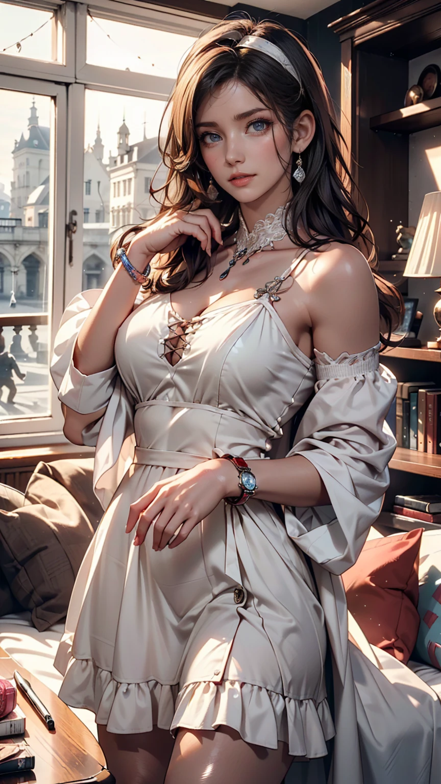 European-style decorated living room, Luxurious and sophisticated atmosphere. Exquisite interior details highlight the room's sophisticated style, Carefully considered decorative design adds the perfect finishing touch、Caucasian woman wearing a luxurious dress、Sit on a one-seater sofa、Crossing your legs、Rest your elbow on the armrest and touch your cheek