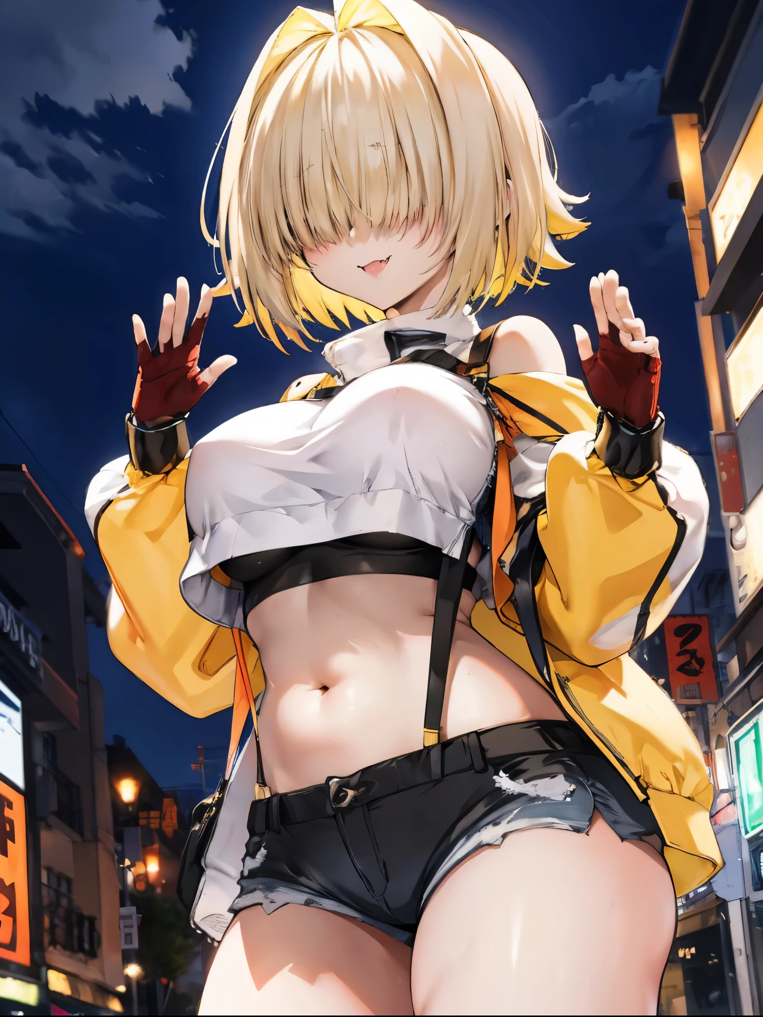 score_9, score_8_up, score_7_up, source_anime BREAK 1girl, solo, elegg, short hair, bangs, hair intakes, multicolored hair, hair over eyes, crop top, bare shoulders, long sleeves, suspenders, midriff, navel, short shorts, thigh strap, multicolored_gloves, large breasts, looking at viewer, thick thighs, (plump:0.5),(plump_lower:0.7), standing, smug, waving,
,future_city_background,night,under_breasts,lighting, (sharp_glance:0.2),nihil_smile,fang, pockets_protruding_from_shorts