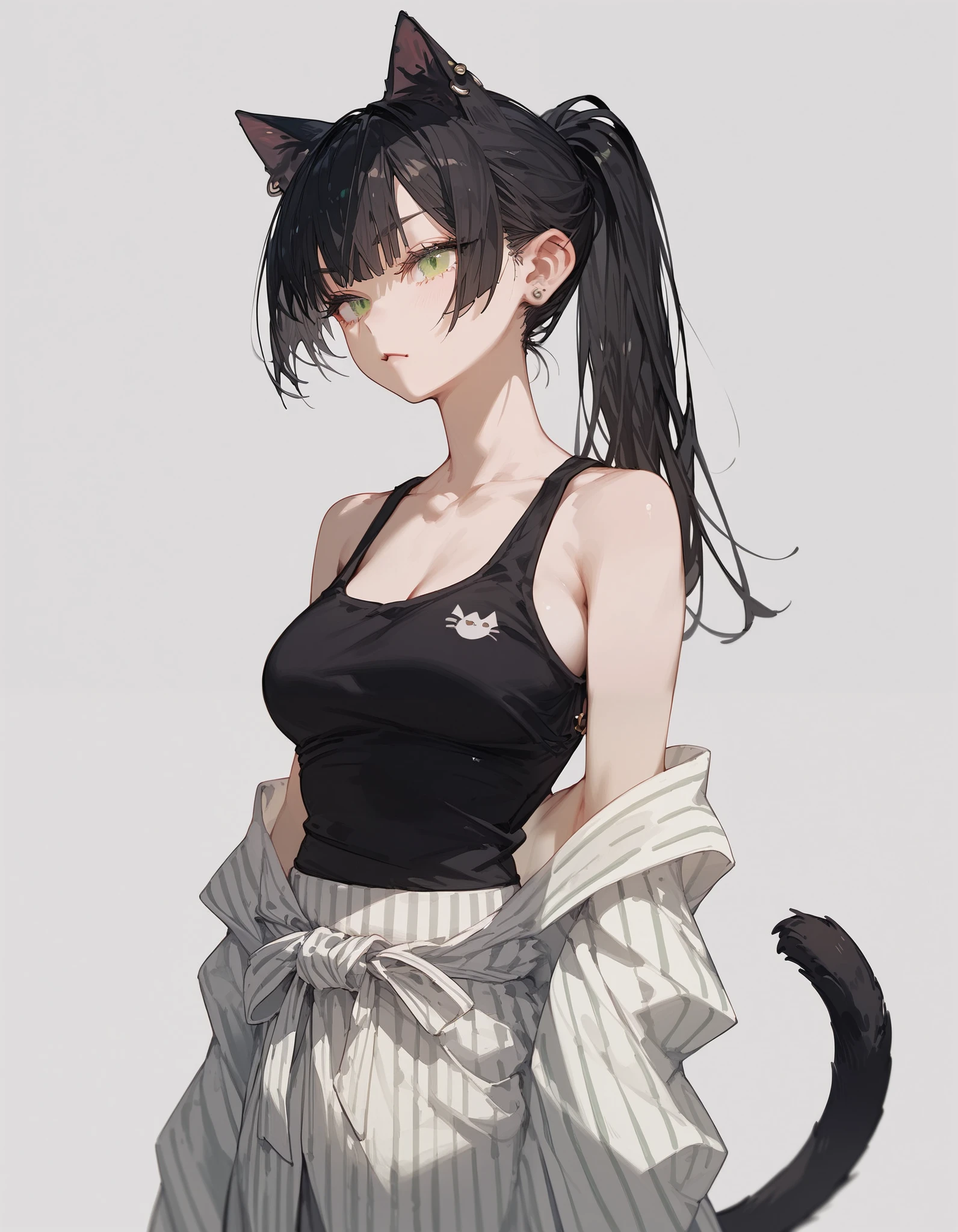 color scheme,Black Cat Ear Girl , ponytail,in green eyes,medium breasts,white yukata ,Black Tank Top,Cat Ear Piercing , black hair,standing,Emotionless, Straight Line,Fierce face