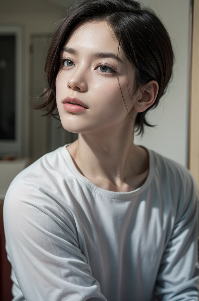 Highest quality, masterpiece, Ultra-high resolution, (Realistic:1.4), RAW Photos, one person&#39;s, Off the shoulder, Deep Shadow, Moderate, short hair, roadside, 20-year-old,Cute Face, Tight shirt,(head shot:1.5)