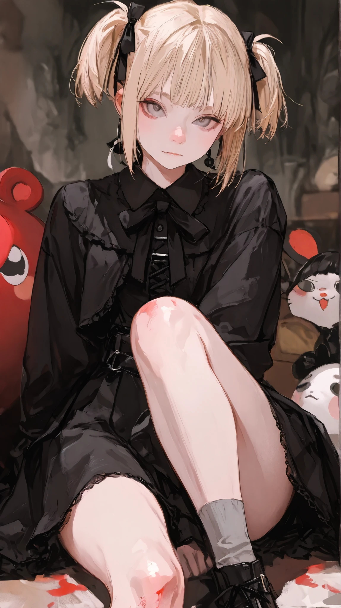 (best quality、masterpiece、very well detailed、one girl、cute face、 silky short blonde 、(((Short hair in twin tails、Short Bob Twin Tail)))、gray eyes、From the knee up、gothic fashion、very well detailed目、Small red cheeks and nose、cute face、